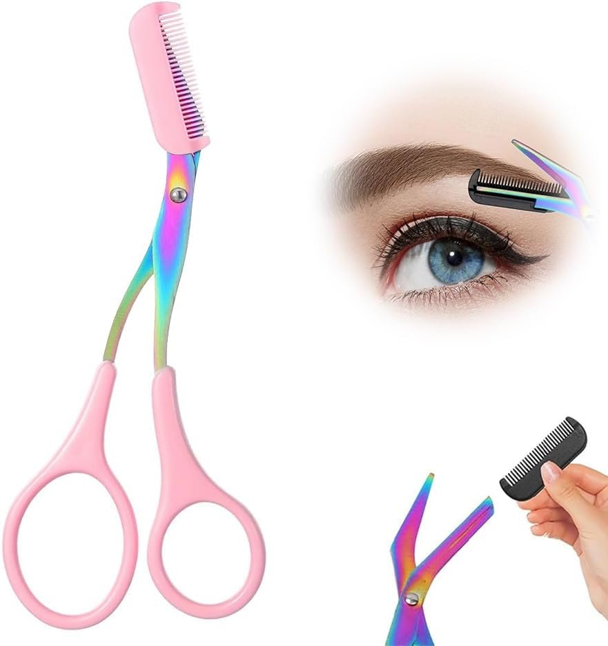 Eyebrow Trimmer Scissor, 2-in-1 Professional Eyebrow Scissors with Comb, Stainless Steel Precision Eyebrow Cutter Hair Removal Makeup Tool for Women and Men (Pink)