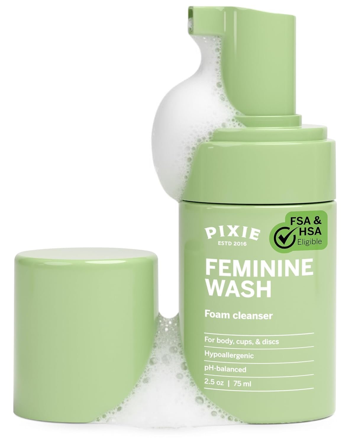 Pixie Feminine Wash – Healthy Foaming Cleaner with Natural Ingredients – More Foam Wash in Bottle Than Any Other Brand – pH Balanced & Plant Based – for Your Menstrual Cups and Discs, 2.5 Fluid oz