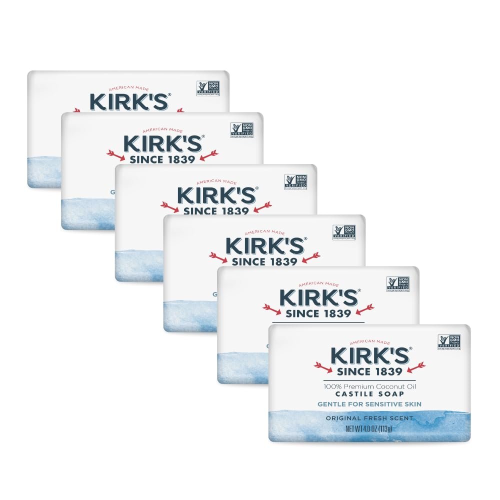 Kirk’s Castile Bar Soap for Men, Women & Children – Made With Premium Coconut Oil, Sensitive Skin Formula, Vegan, Non GMO, Original Fresh Scent, 4 oz. Bars, 6 Pack