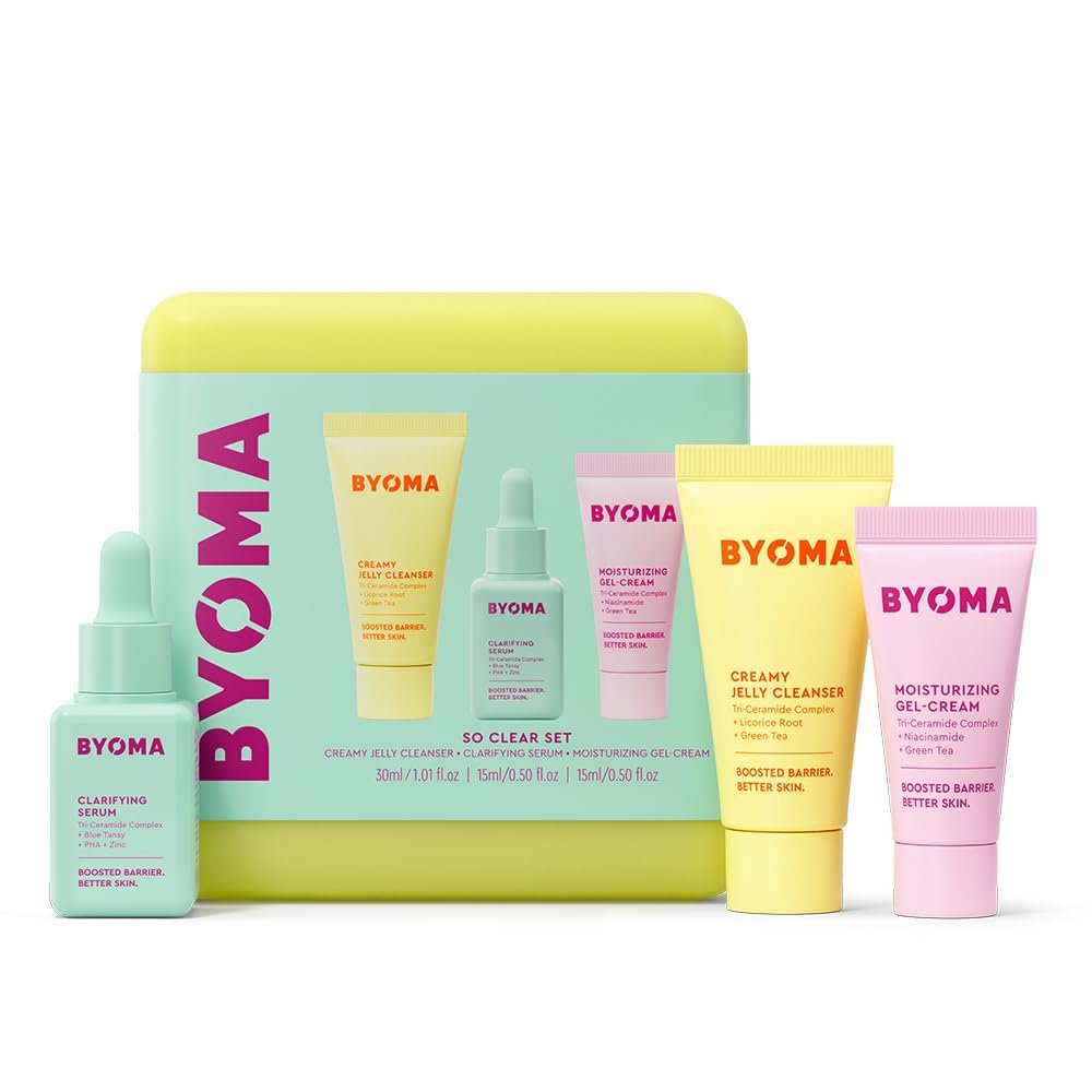 BYOMA So Clear Set – Barrier Repair Skincare Set for Acne Prone Skin – Creamy Jelly Cleanser, Clarifying Face Serum & & Gel-Cream Moisturizer – Unclogs Pores, Targets Blemishes – 30ml, 15ml, 15ml