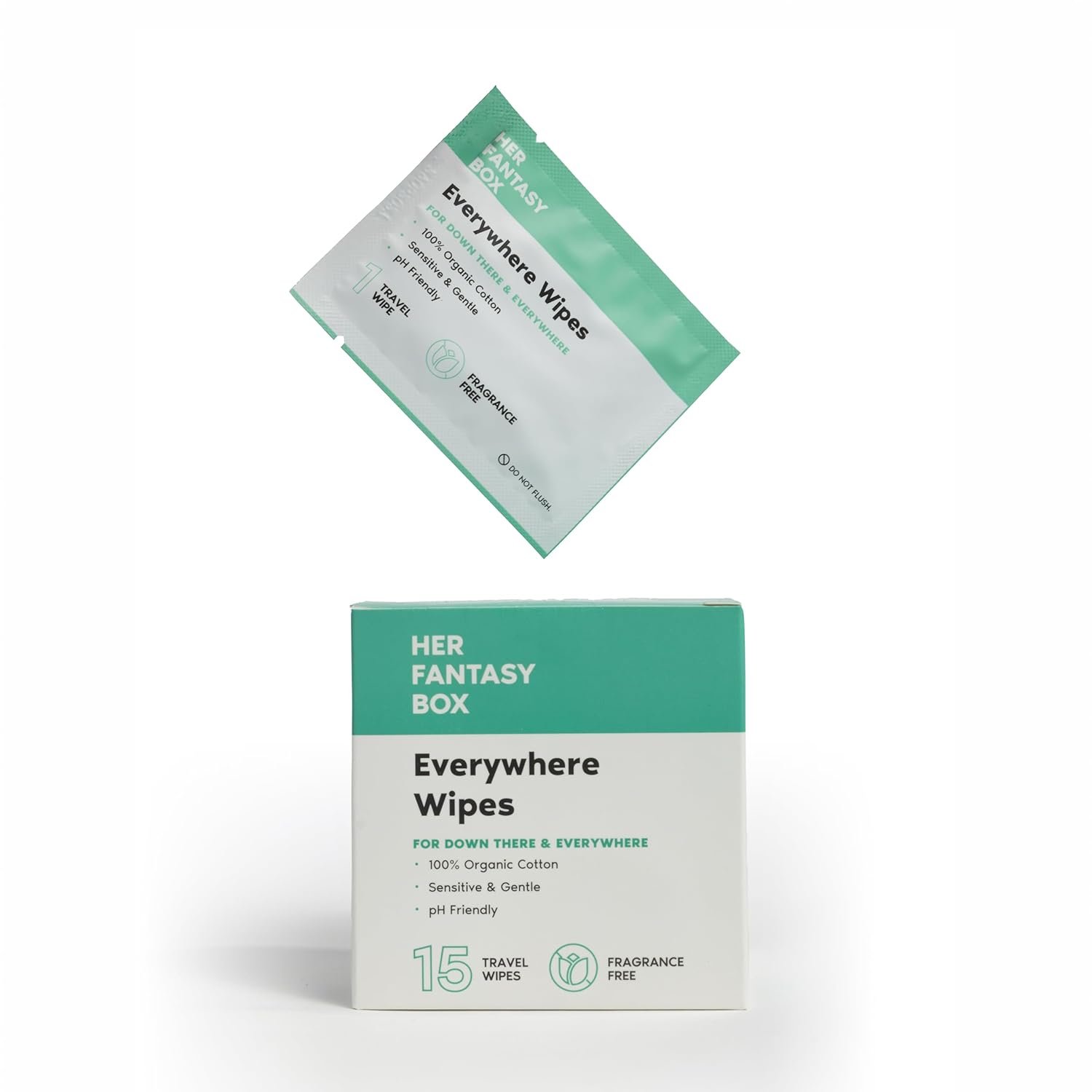 Her Fantasy Box | Everywhere Wipes – 100% Organic Cotton, Gentle & Refreshing, pH-Balanced, Fragrance-Free, Plant-Powered for Body, Face & Intimate Areas, Ideal for Sensitive Skin – 1 Pack, 15 Wipes
