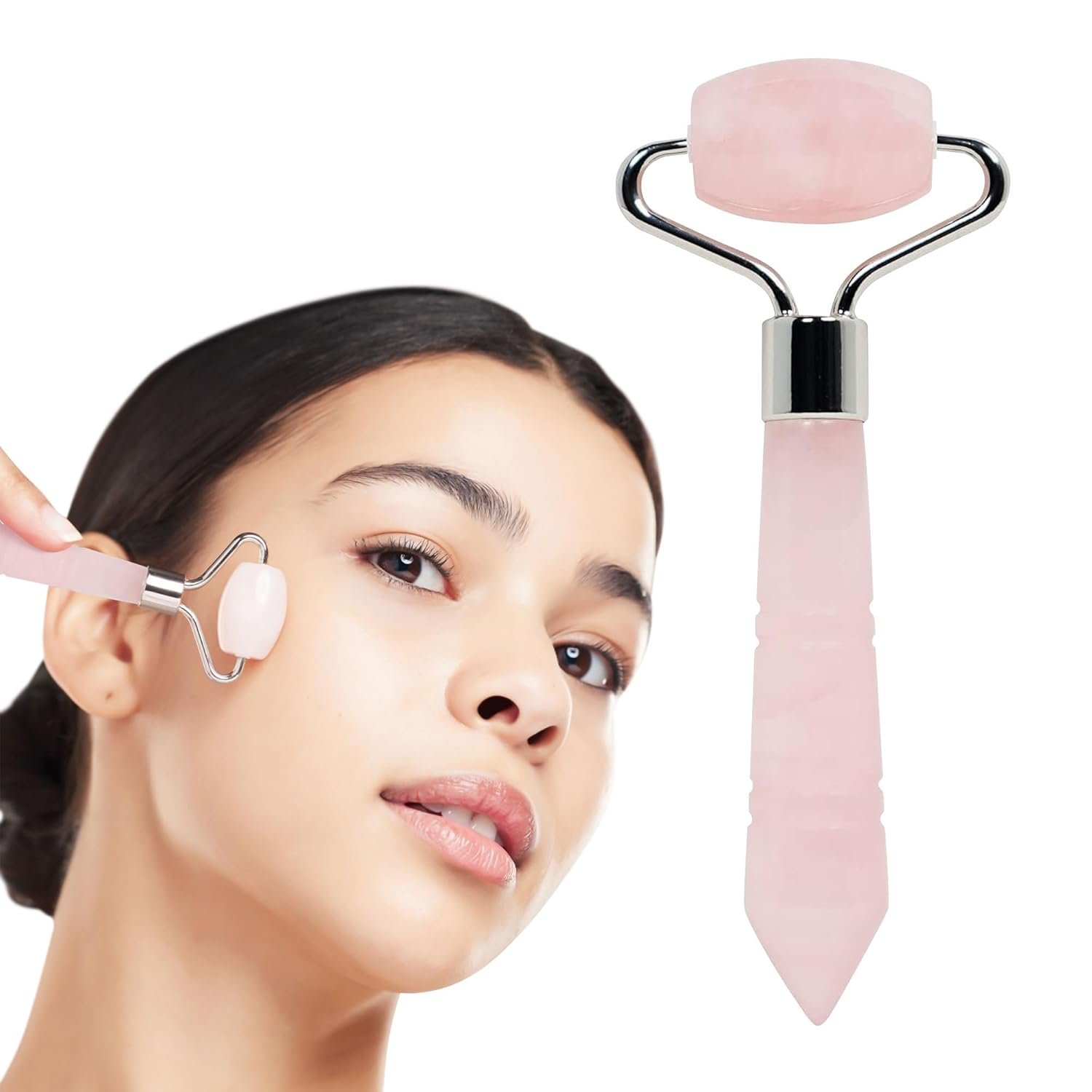 Mini Rose Quartz Roller – Face Roller – Gua Sha Facial Tools, Mini Rollers for Face, Skin Care Kit for Men Women, Guasha Tools for Faces, Facial Care Reduces Under-Eye Puffiness and Dark Circles