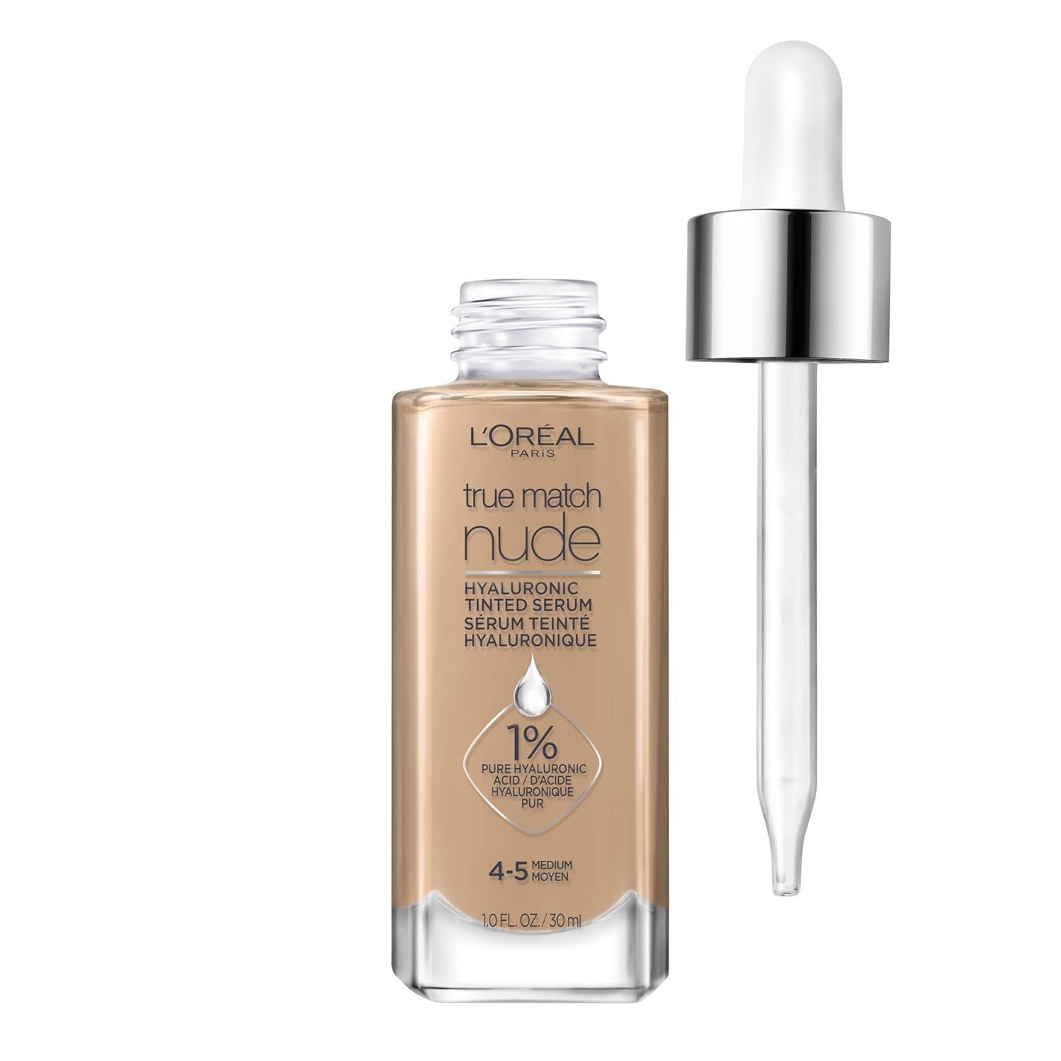 L’Oreal Paris True Match Nude Hyaluronic Tinted Serum Foundation with 1% Hyaluronic acid, Medium 4-5, 1 fl. oz.