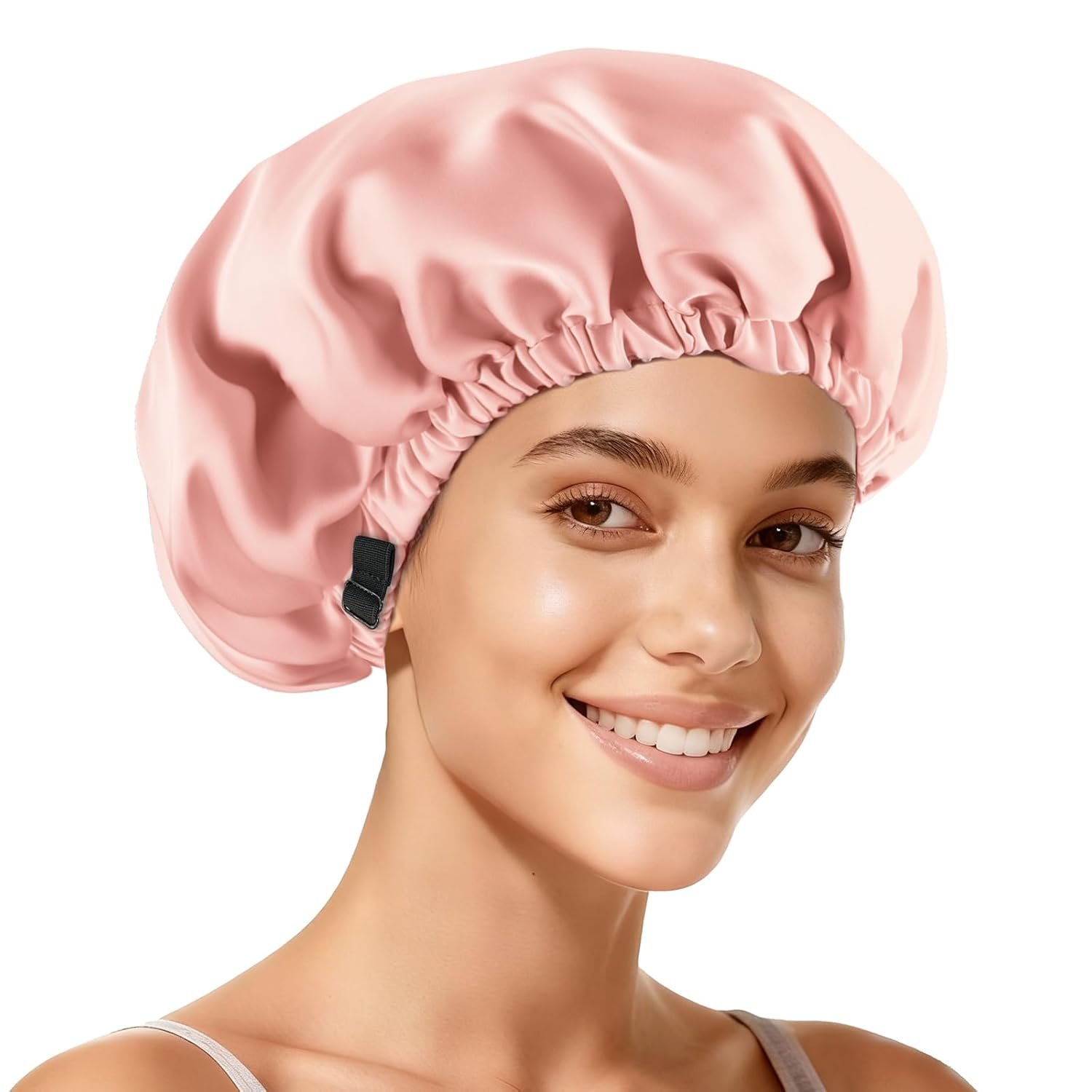 Adjustable Double Layer Silk-Satin Hair Bonnet for Sleeping Women – Anti-Frizz Curly Hair Sleep Cap, Hair Protector for Night, Moisture Retention Soft Bonnet for Natural Hair (pink,Large)