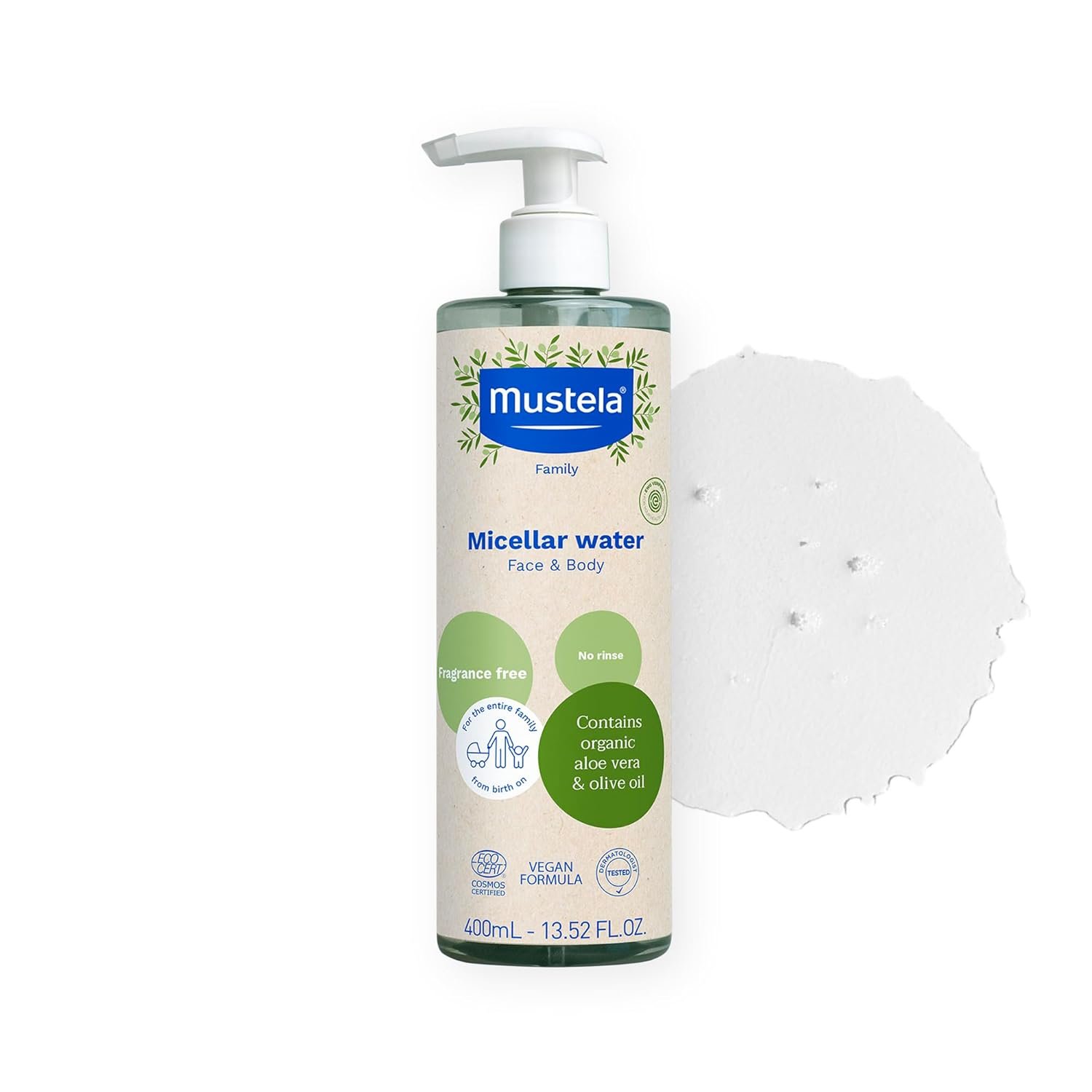 Mustela Certified Organic Micellar Cleansing Water -No-Rinse Natural Water Cleanser w/Olive Oil & Aloe Vera – For Baby, Kid & Adult – Fragrance Free, EWG Verified & Vegan -13.5 oz-Packaging may vary