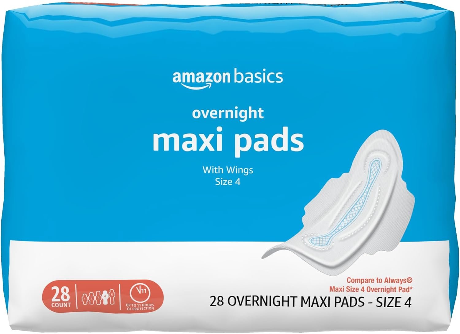 Amazon Basics Thick Maxi Pads with Wings for Periods, Overnight Absorbency, Leak Protection, Super Absorbent, Unscented, Size 4, 28 Count