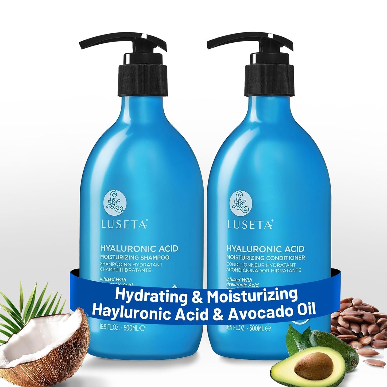 Luseta Deep Hydrating Hyaluronic Acid Shampoo and Conditioner Set for Dry Damaged Hair – Sulfate Free Moisturizing Hair Care with Shea Butter & Avocado Oil, Paraben-Free – 2 x 16.9oz