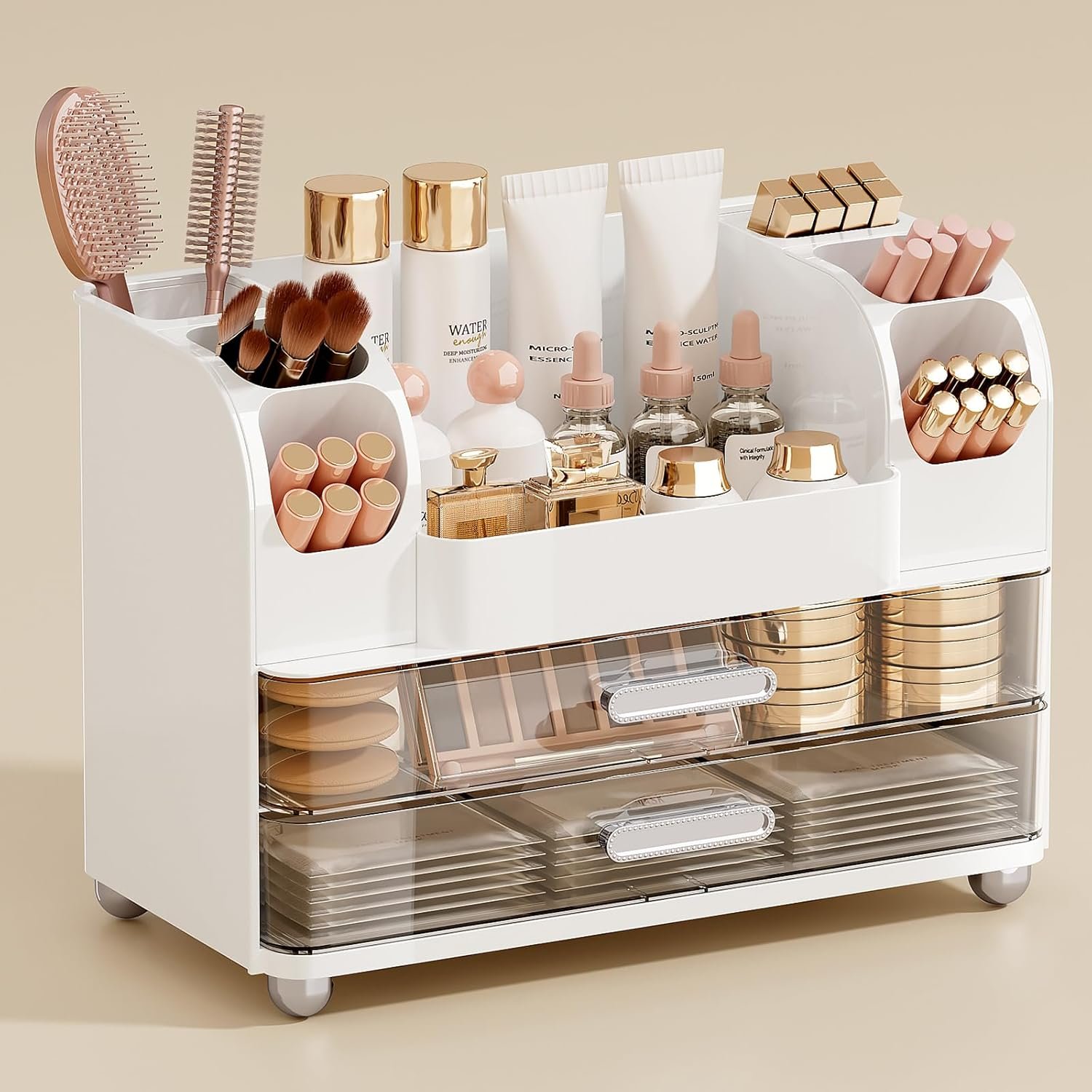 UFORU Makeup Organizer for Vanity with 2 Large Drawers, Cosmetic Display Case with Brush Holders, Easy to Storage for Bathroom Countertop Skincare, Perfume, White