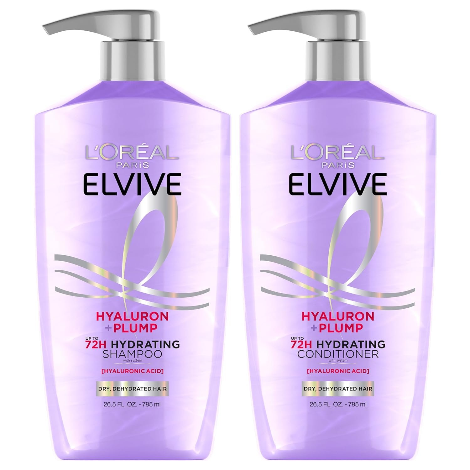 L’Oreal Paris Elvive Hyaluron Plump Shampoo and Conditioner Set for Dehydrated, Dry Hair with Hyaluronic Acid Care Complex, 1 Kit (2 Products)
