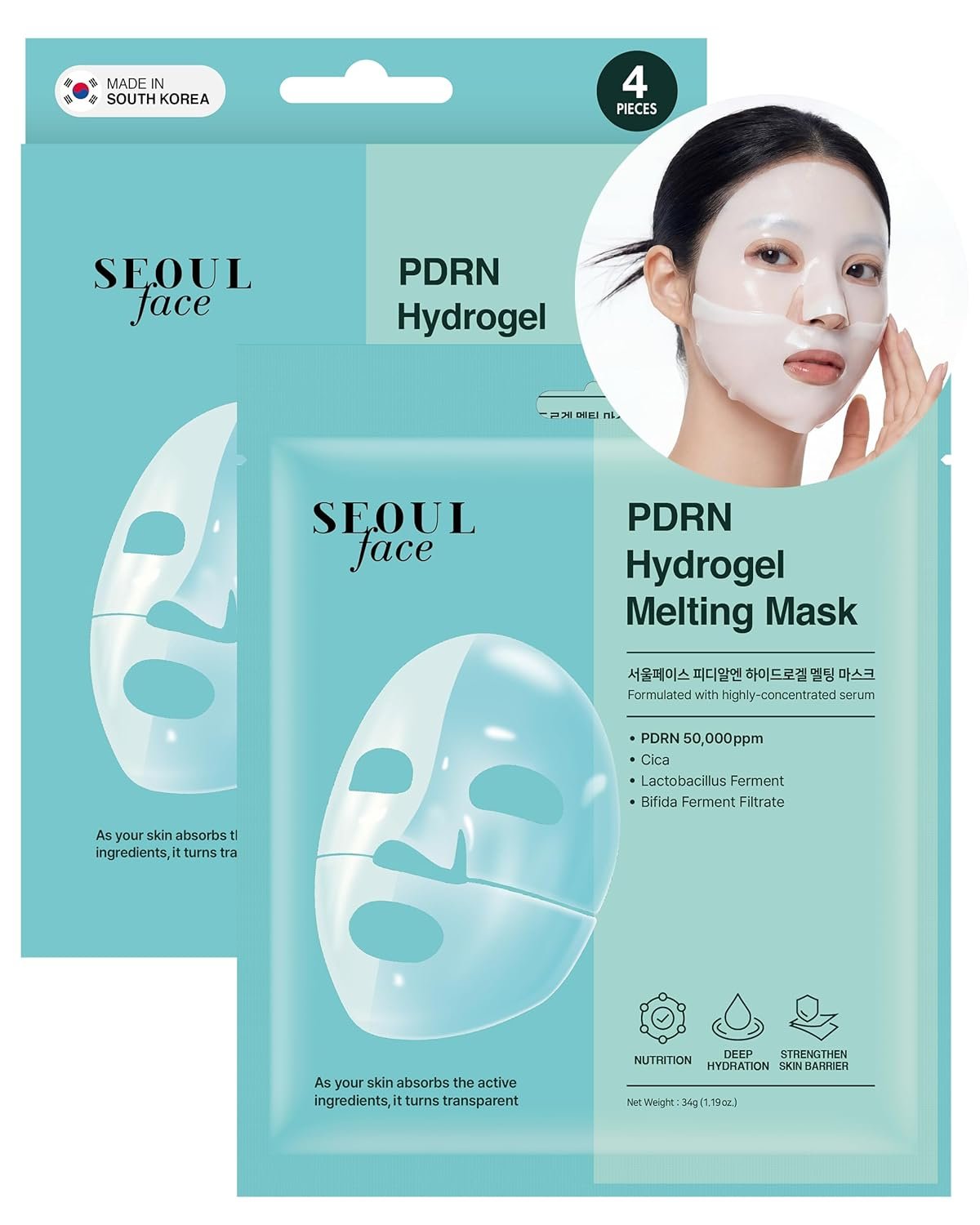 DERMAL PDRN Hydrogel Melting Mask 4 Pack – Overnight Face Mask Turns Transparent with 5% Salmon PDRN Cica Probiotics – Korean Skincare