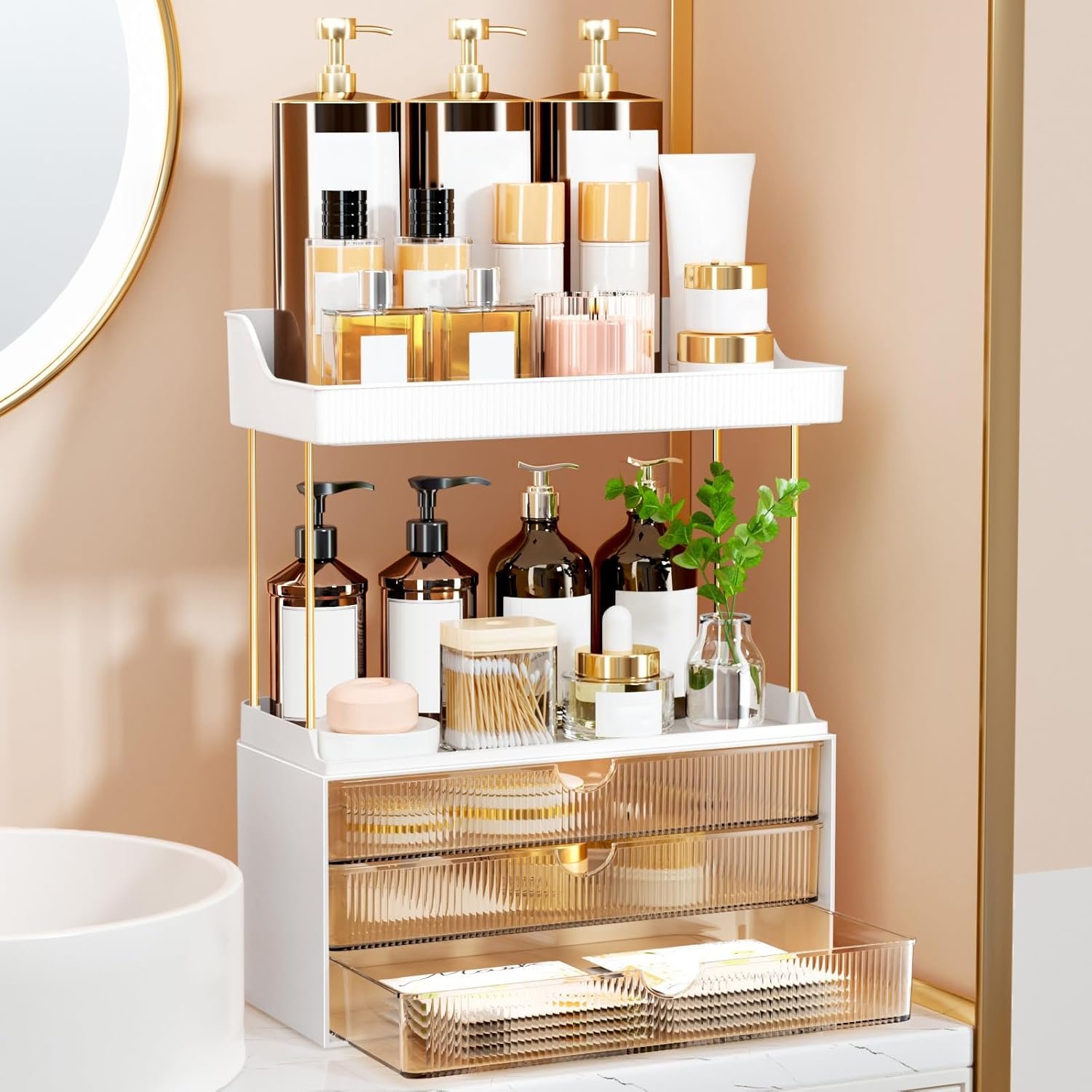 StorBin 3 Large Drawers Makeup Organizer – 5 Tier Bathroom Counter Organizers and Storage, Versatile Perfume Vanity Organizer, Ideal for Cosmetic, Large Skincare, Face Mask, Office Supplies, Amber