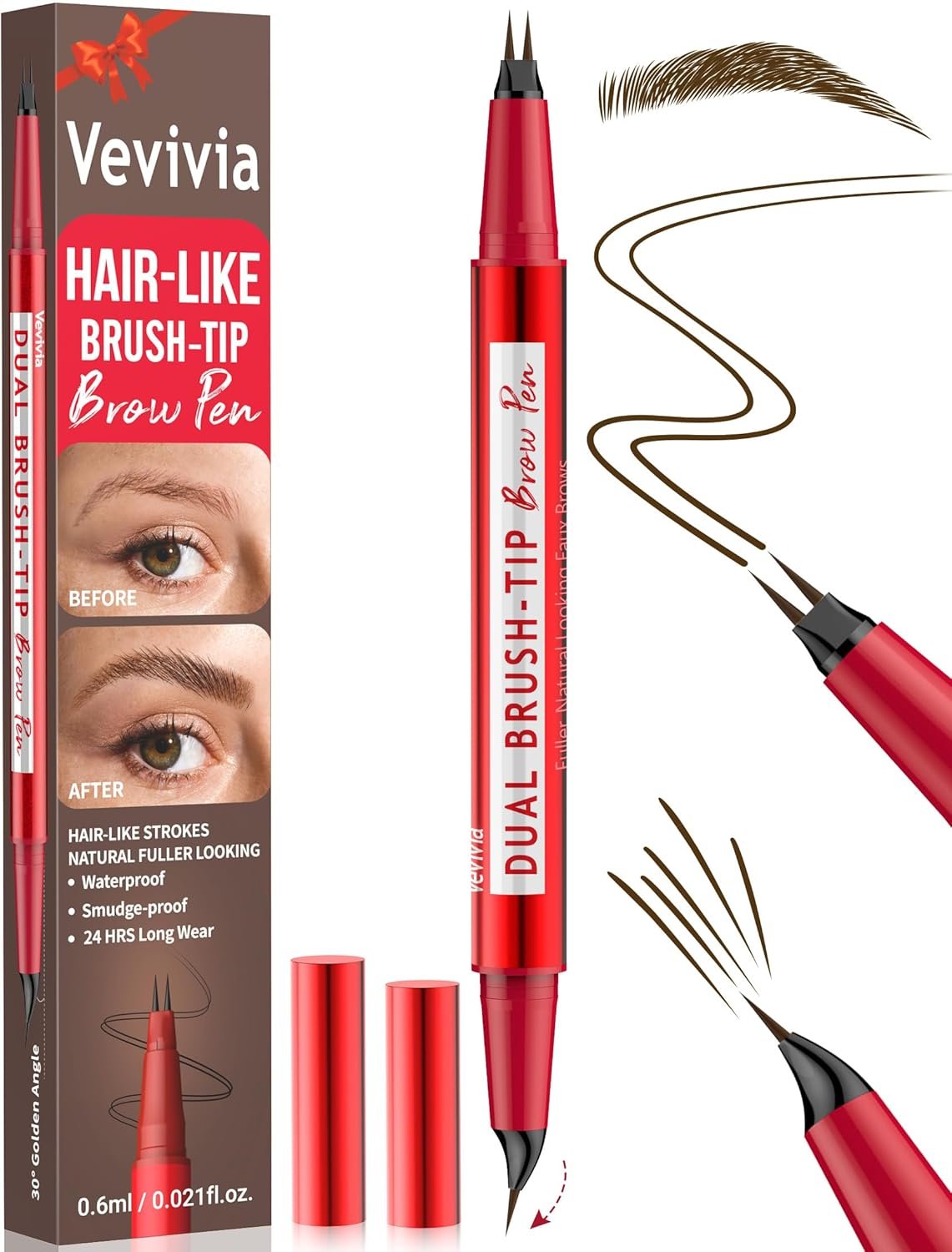 Vevivia Eyebrow Pencils for Women – Eyebrow Pen with Dual-Brush-Tip & Curved Tip for Natural Fuller-Looking Brows, Precise Hair-Like Strokes for All Brow Types, Last All-Day Brow Makeup, Dark Brown
