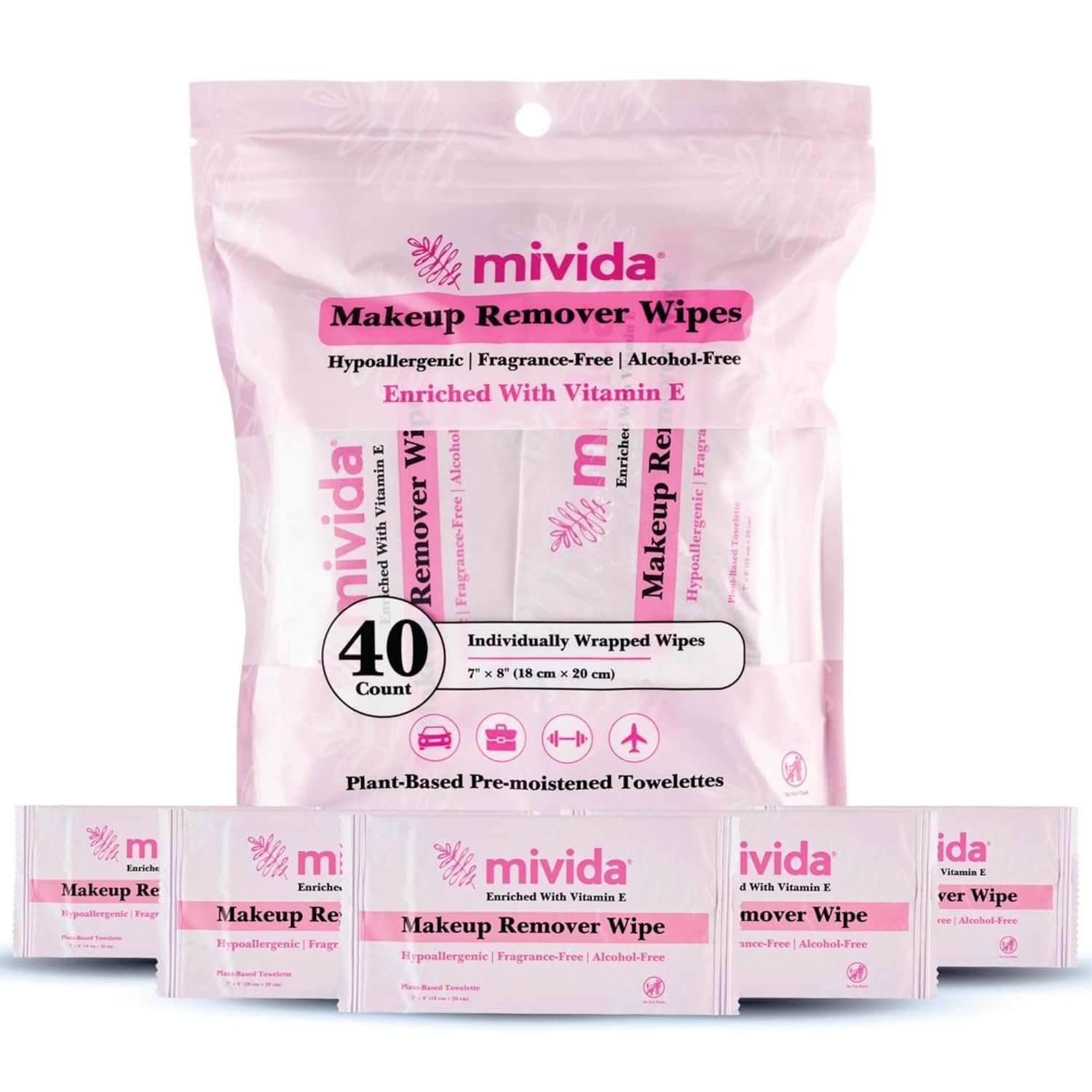 mivida 40 Count Hypoallergenic makeup wipes individually wrapped with Vitamin E | Dermatologist Tested Face Wipes | Alcohol-Free, Fragrance Free individual makeup remover wipes for Sensitive Skin