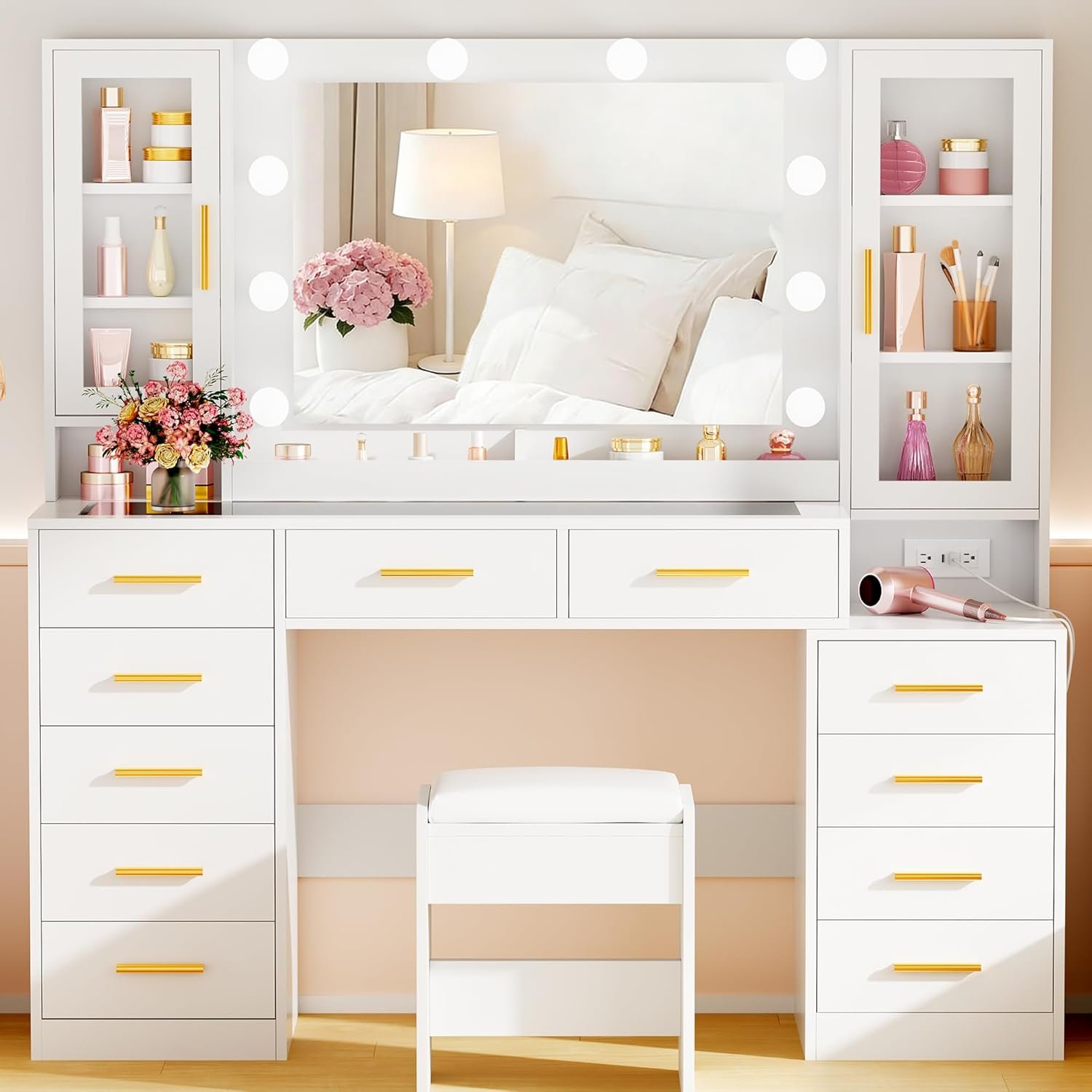 53.15″ Large Vanity Desk with Mirror and Lights,White Makeup Vanity with Glass Top Power Outlet Vanity Table with 11 Drawers 6 Shelves Dressing Table Stool Set for Bedroom Women UXFST008W