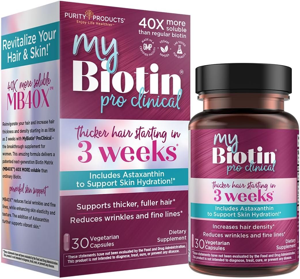 Purity Products MyBiotin ProClinical – Thicker Hair Starting in 3 Weeks & Fights Wrinkles – MB40X Patented Biotin Vitamin B7 Matrix w/Astaxanthin – 40X More Soluble vs Ordinary Biotin, 30 Veg Capsules