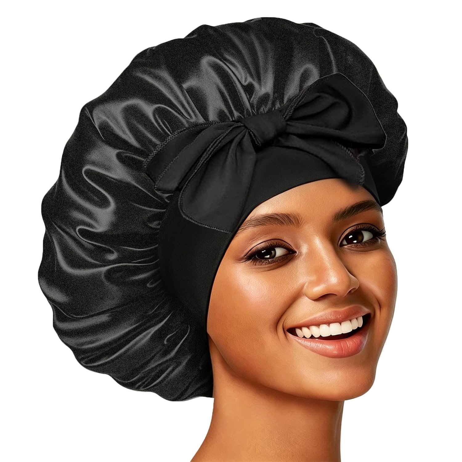 Silk Bonnet Satin Bonnet for Sleeping Large Bonnets with Tie Band Hair Wrap with Adjustable Straps Hair Cap for Women Curly Black