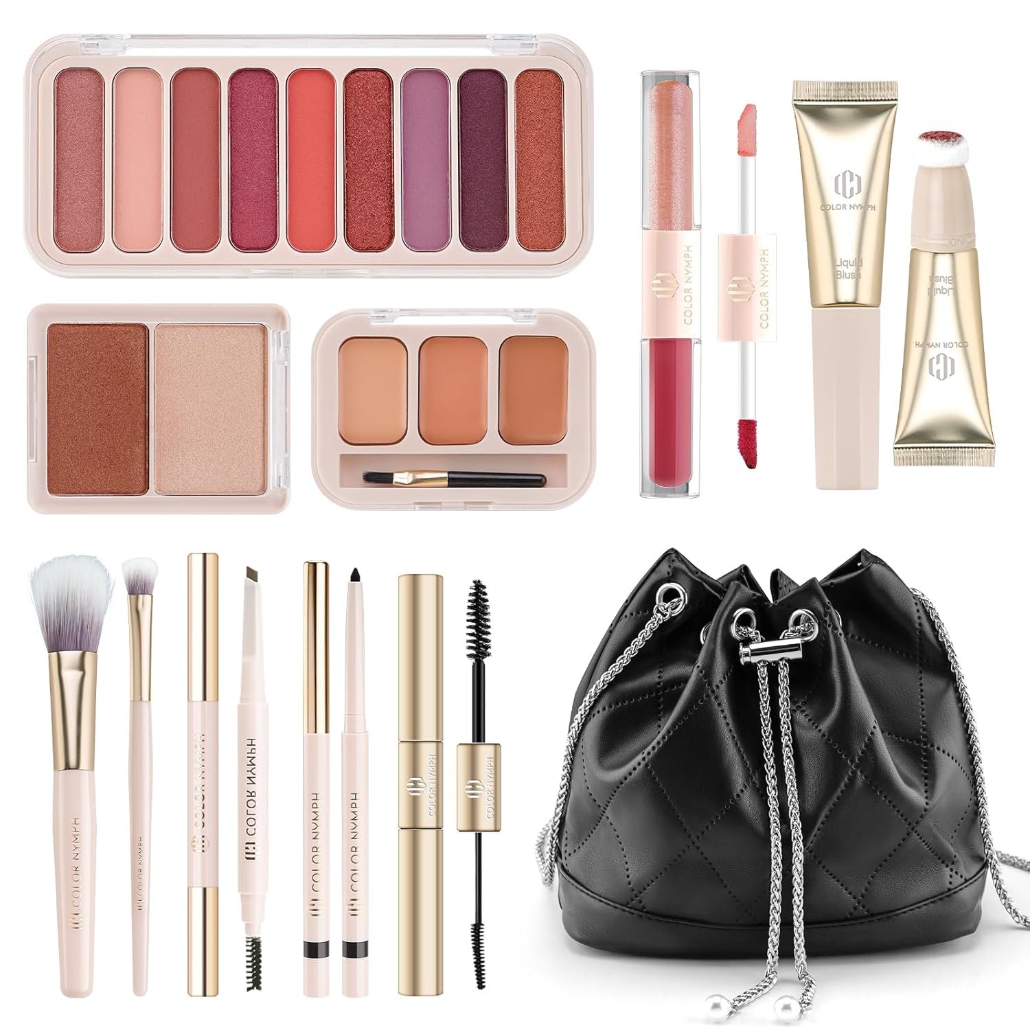 Color Nymph Makeup Sets For Women, Teen Girls With Travel-Friendly Makeup Kits Bag Included 9 Color Eyeshadow Palette Concealer Liquid Blush Eyeliner Lipgloss – #01