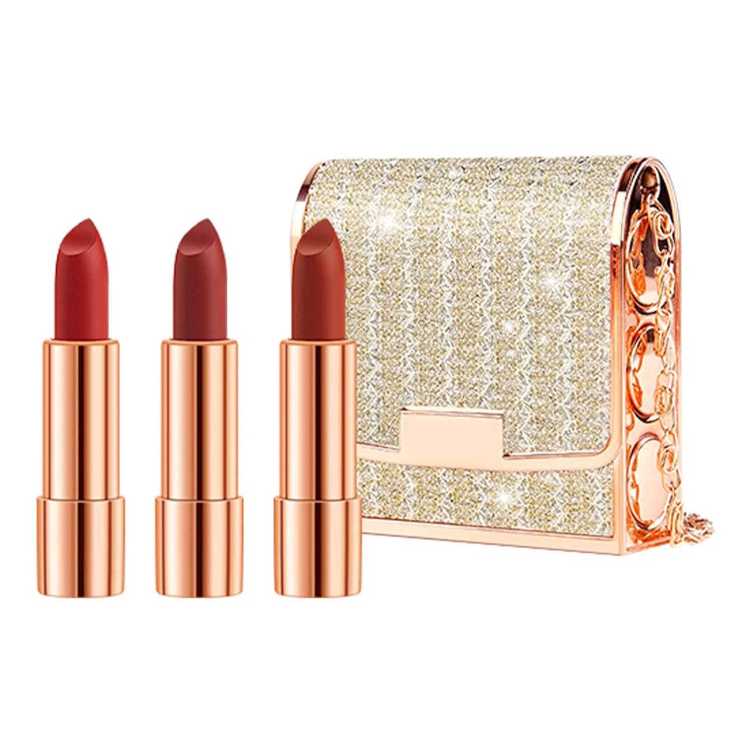 Newvenper Matte Lipstick Set 3 Colors Lip Stick with Sliver Chain Bag Package Velvet Lip stick Set Waterproof Non-Stick Cup Long Lasting Retractable Red Lipstick Set 3.5gx3 Pcs