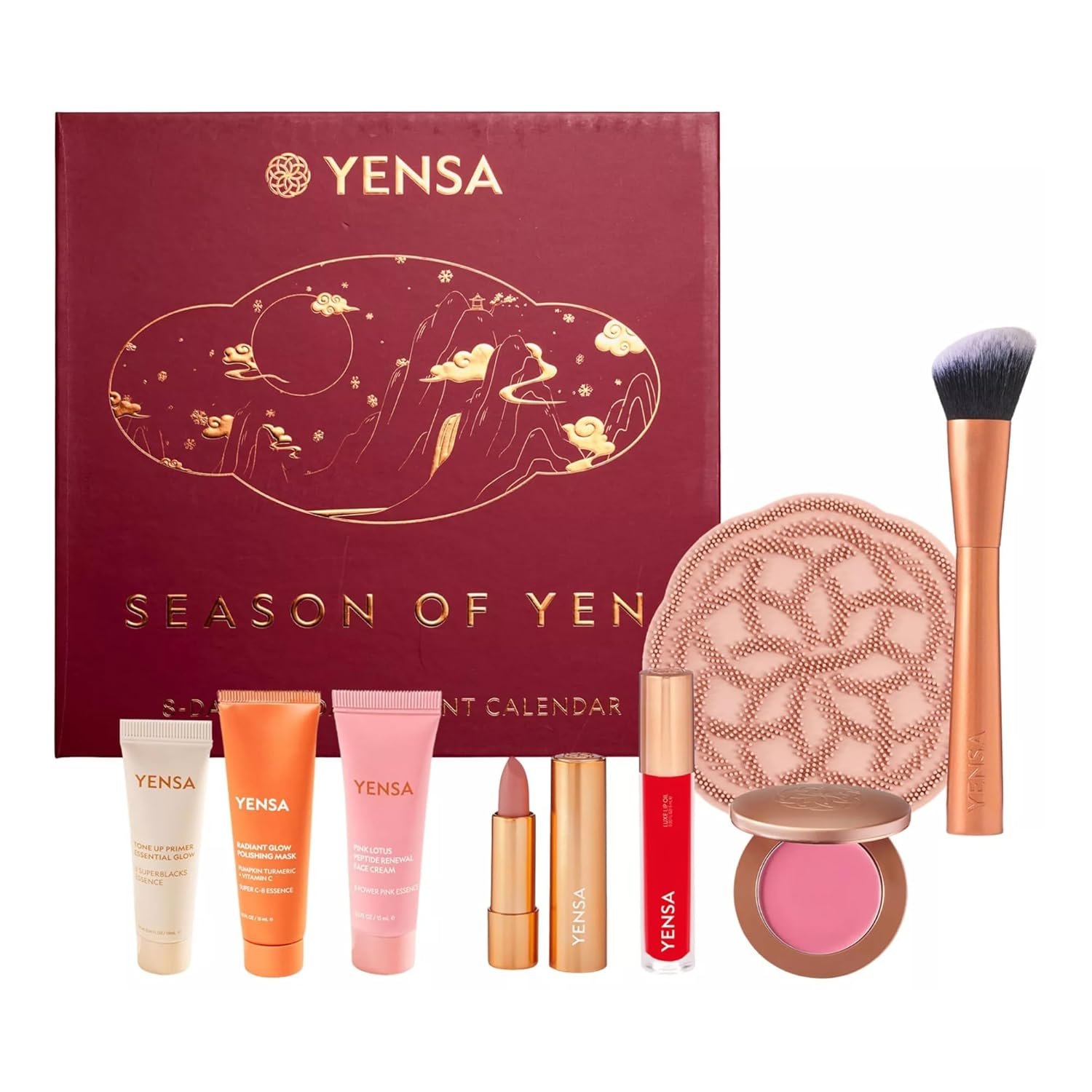 YENSA Season of Yen Beauty Advent Calendar – 8-Day Lunar New Year Makeup and Skin Care Gift Set – Travel Size Skincare, Lipstick, Liip Oil, Blush, Make Up Brush & Brush Cleaner Kit (8 Count)