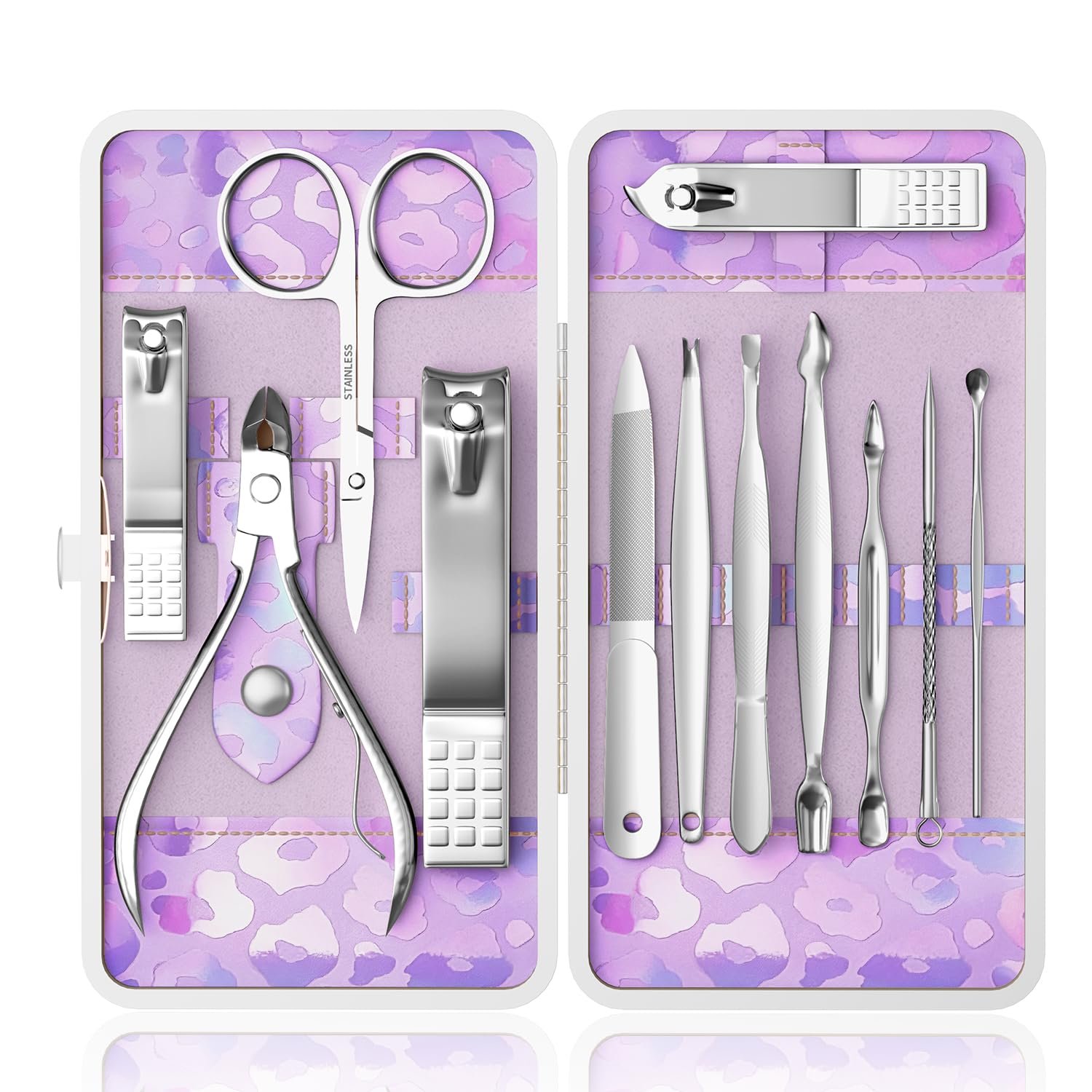 ZIZZON Nail Clippers Kit Manicure Pedicure Set with Holographic Case(Purple)
