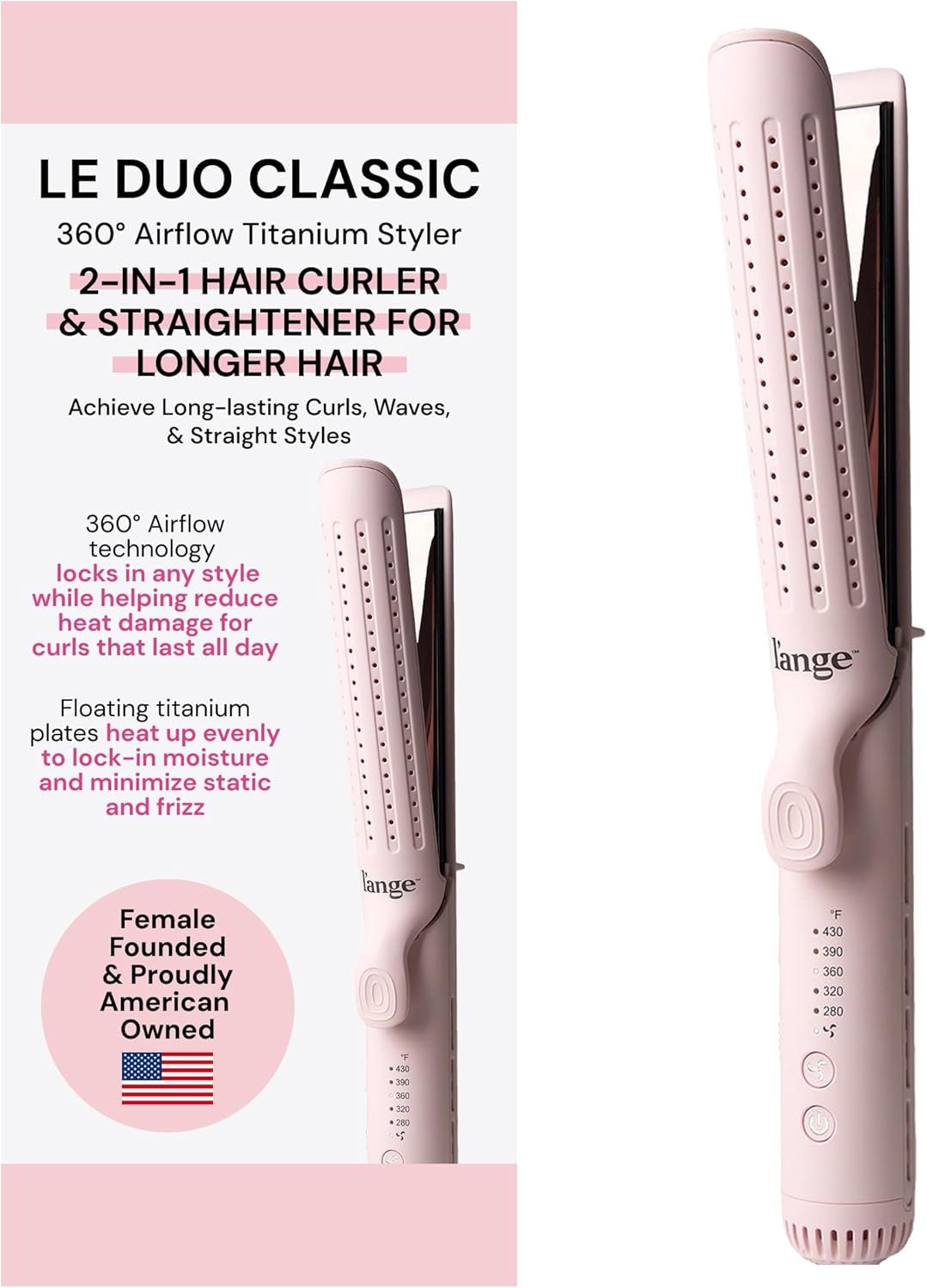 L’ANGE HAIR Le Duo Grande 360° Airflow 2 in 1 Straightener and Curler | 1 Inch Curling Wand & Titanium Flat Iron with 5.3″ Plates | Hair Straightener & Curler for Long Hair (Blush)