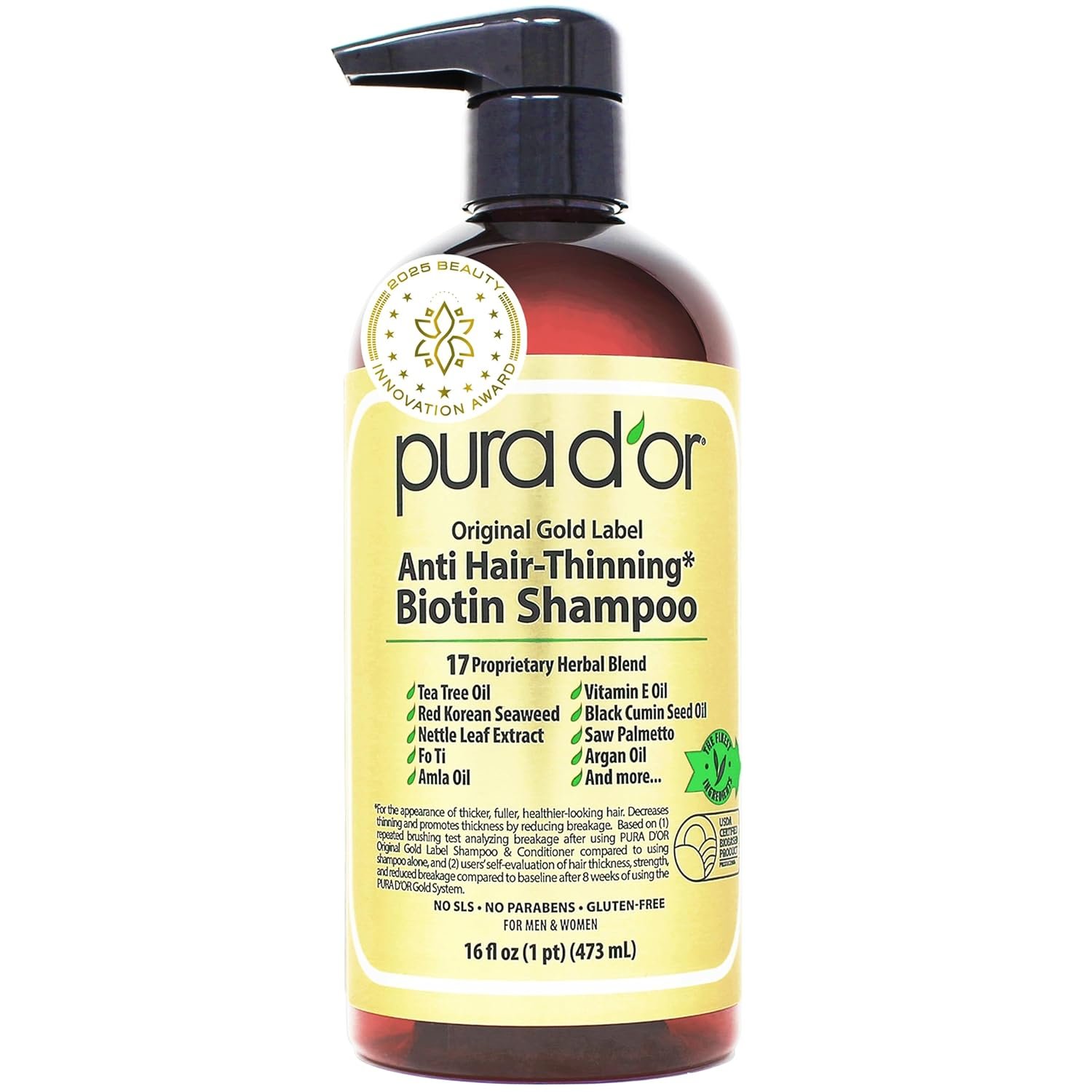 PURA D’OR Original Gold Label Anti-Thinning Shampoo – CLINICALLY TESTED – Biotin & Argan Oil – Sulfate-Free Strengthening & Volumizing for Fuller-Looking Hair, Men & Women, Natural Earthy Scent 16 oz