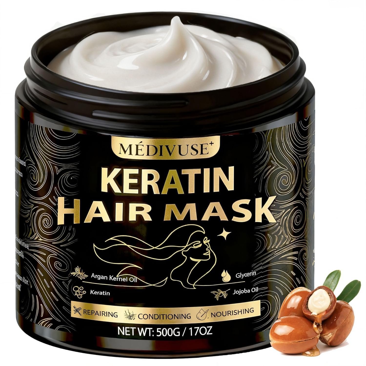 Deep Conditioning Hair Mask – Keratin Mask with Argan Oil – Giant 500ML Size Jojoba Oil Natural Hydrating Repair Hair for Damaged Frizzy Dry Hair Treatment – Fits All Hair Types (17 oz), Argan Oil