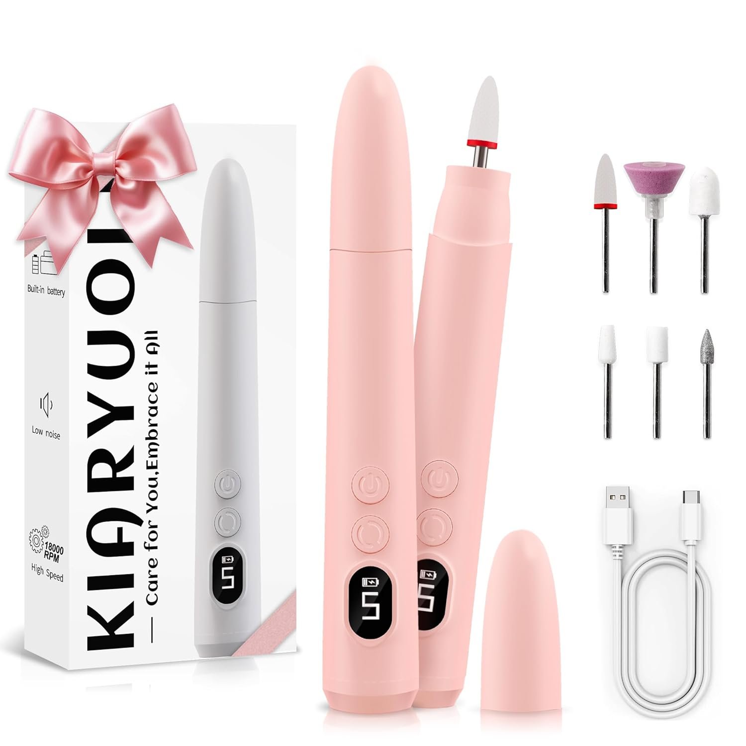 Cordless Electric Nail Drill Kit, Portable Rechargeable Nail Drill Set, Battery Electric Nail File, 5 Speeds Modes, LED Lighting, Reversible Direction, DIY, Professional (Pink)