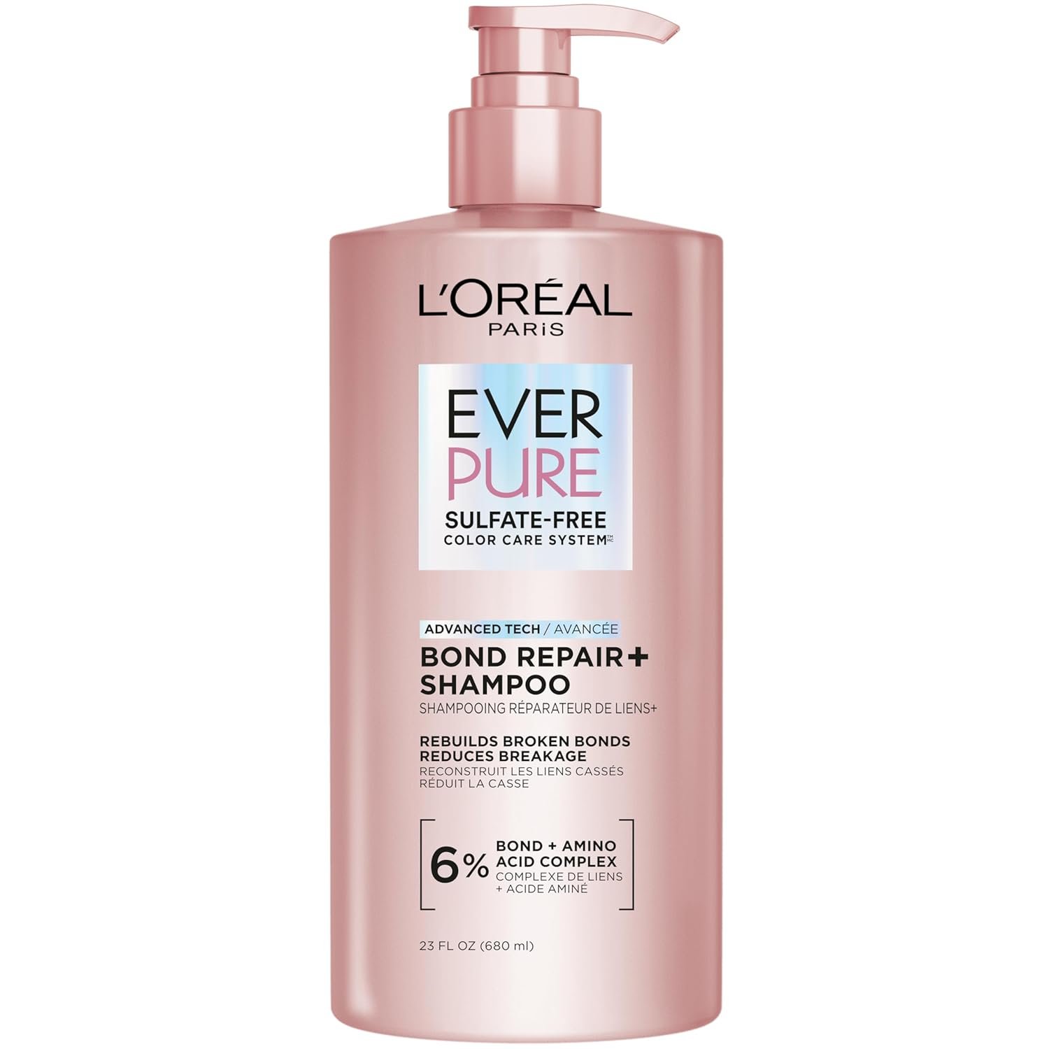 L’Oreal Paris Sulfate Free Bond Repair+ Shampoo, Hair Shampoo with Amino Acid Complex, Strengthens and Repairs Damaged or Color Treated Hair, EverPure, 23 Fl Oz (Packaging May Vary)