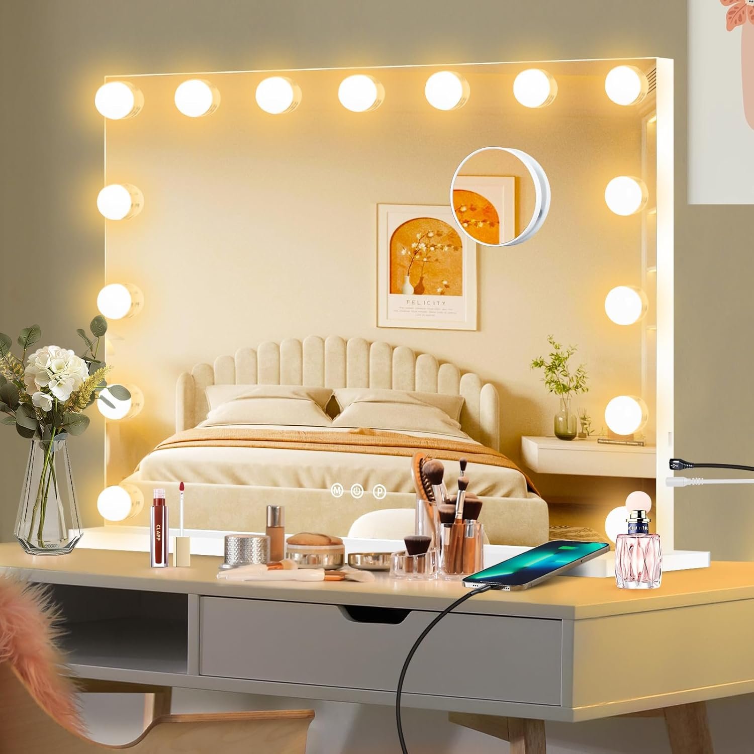 Moonee Vanity Mirror with Lights, Hollywood Lighted Makeup Mirror with 15 Dimmable Bulbs and 10X Magnification, 3 Colors Modes, Light Up Mirror, Gifts for Mother, Girl, Dorm Room Essentials（23″ x 18″）