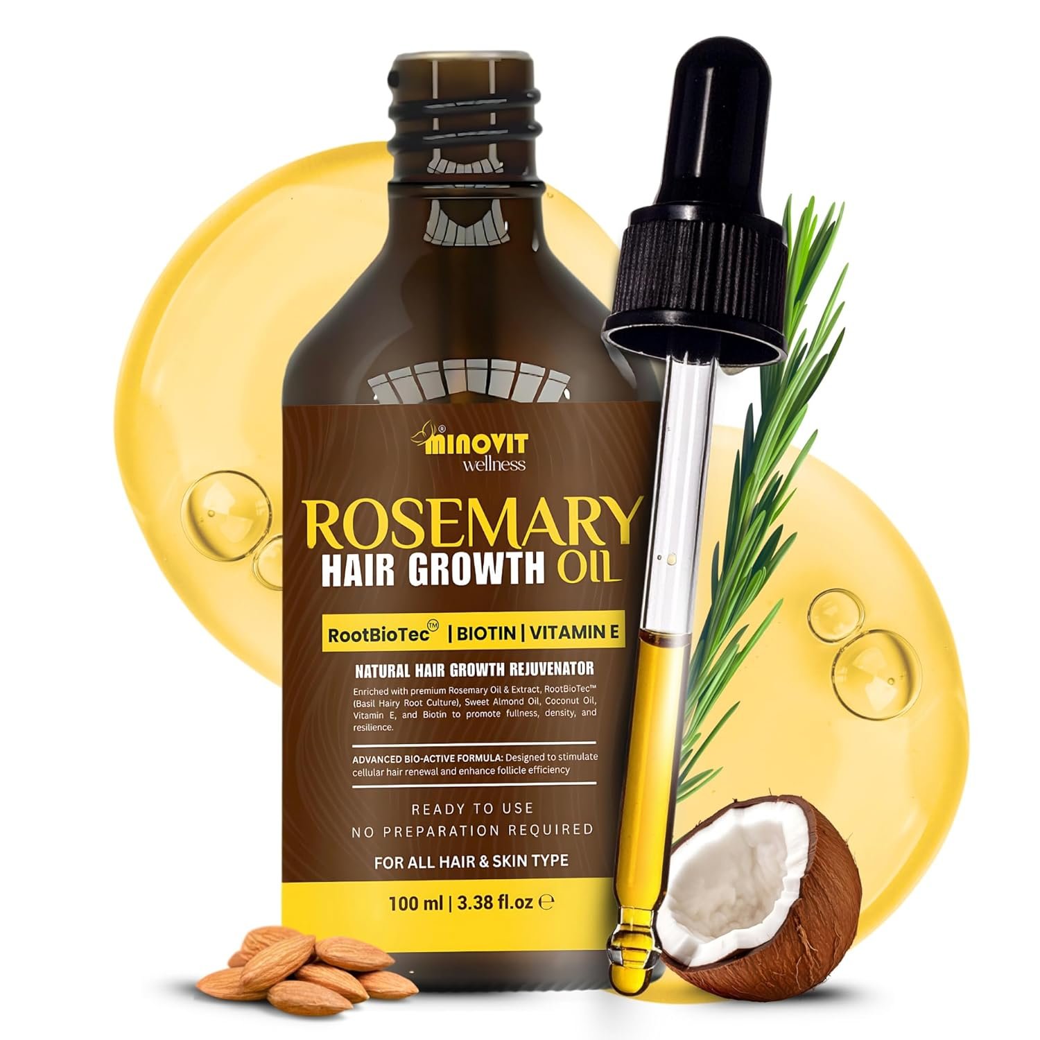 Rosemary Oil For Hair Growth (3.4 Fl Oz) Infused With Biotin, Vitamin E, Almond Oil & Coconut – Hair Strengthening, Nourishing & Volumizing
