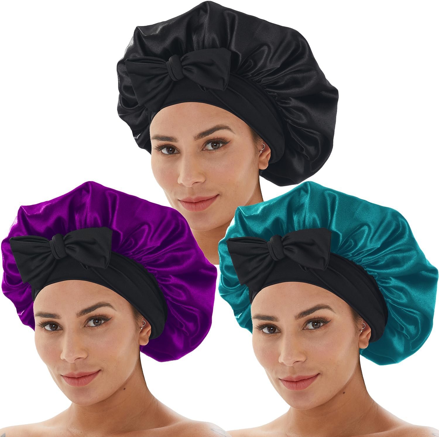 3 Pcs Silk Bonnet for Sleeping, Hair Bonnets with Tie Band Satin Bonnet for Women Night Sleep Caps Natural Curly Hair