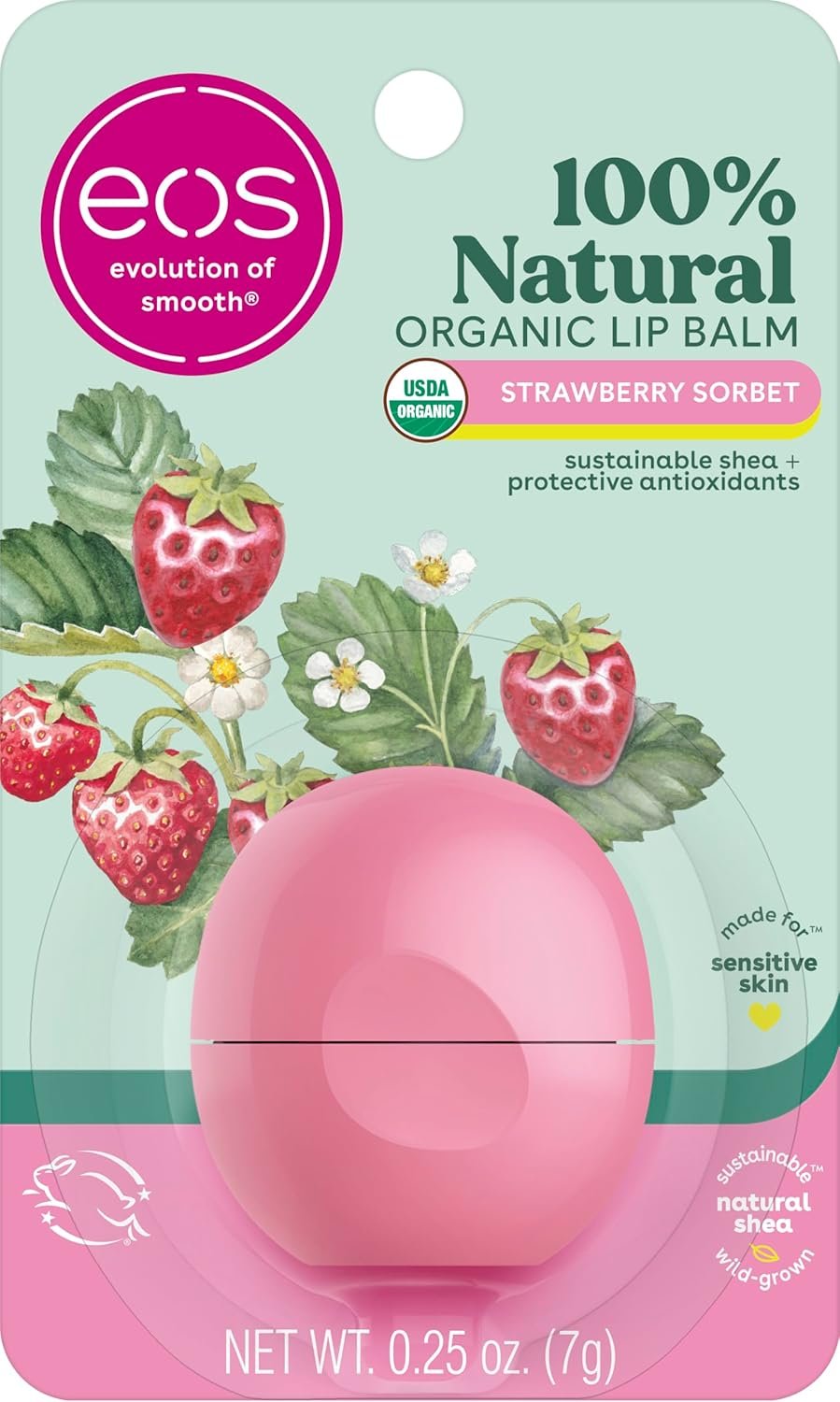 eos 100% Natural & Organic Lip Balm – Strawberry Sorbet, All-Day Moisture, Dermatologist Recommended for Sensitive Skin Care, Lip Care Products, 0.25 oz