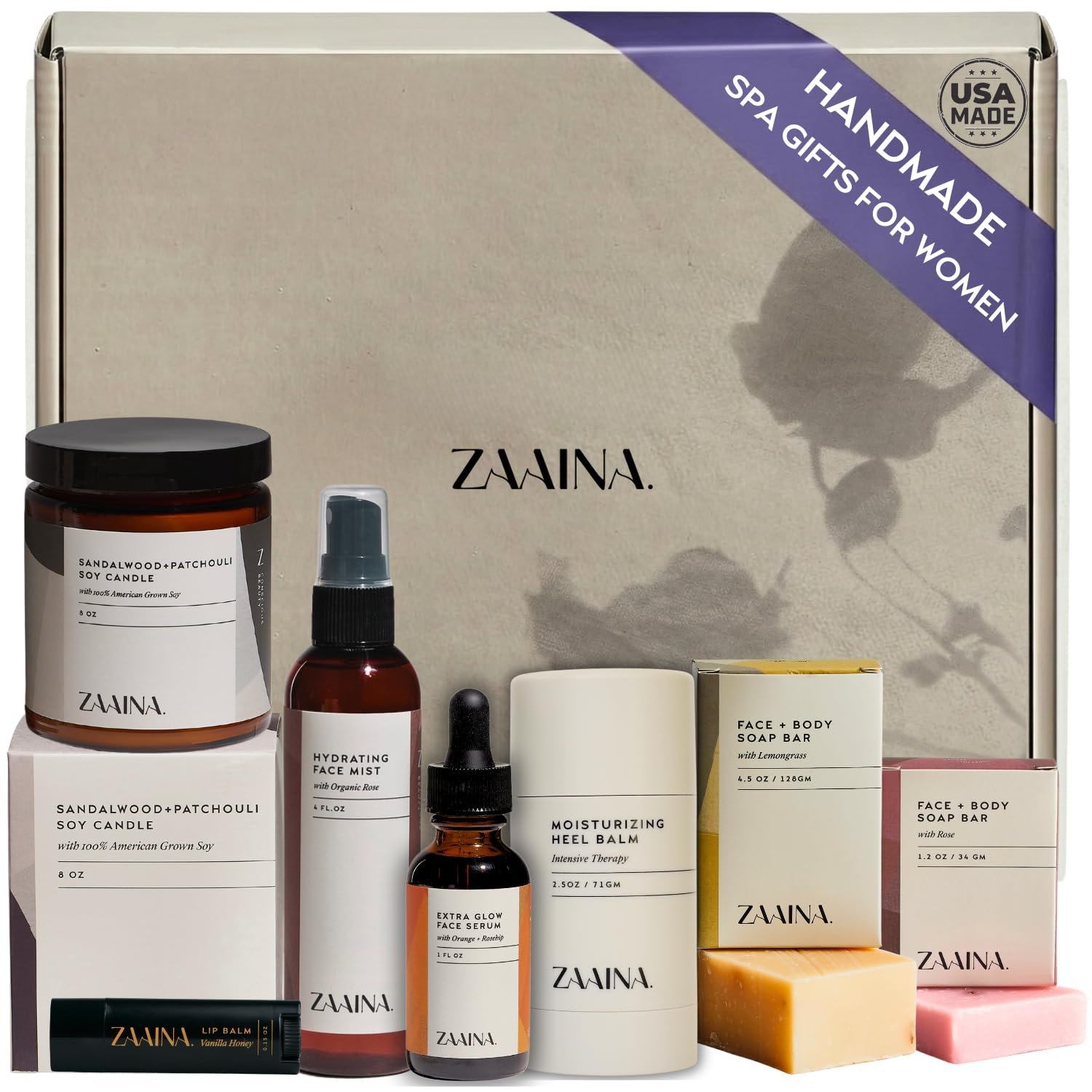 ZAAINA Luxury Spa Gift Set for Women – Self Care Kit with Glow Face Serum, Face Mist, Artisan Soaps, Lip Balm & Soy Candle – Natural Pampering Gift Basket for Mom, Wife, Birthday, Friend, Co-worker