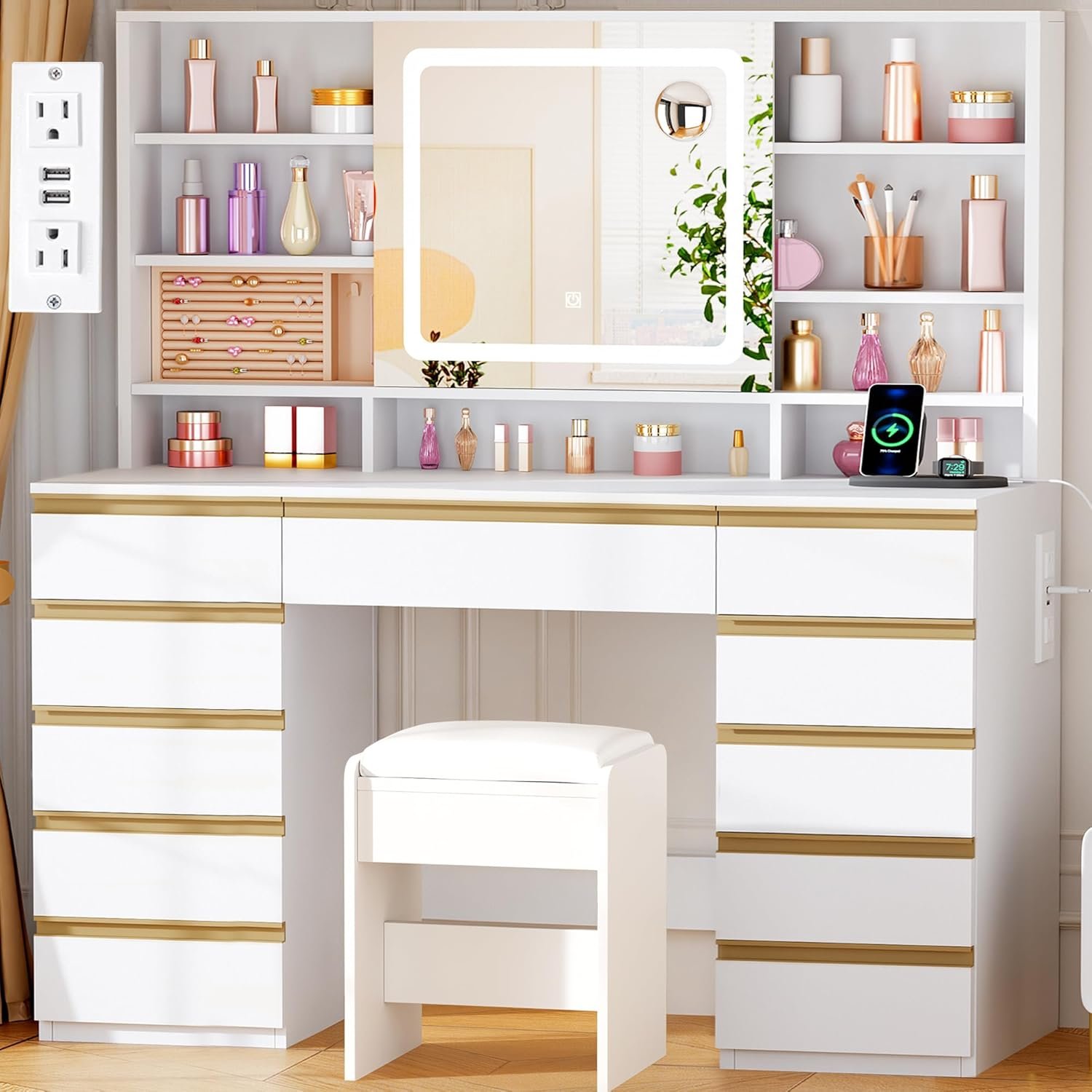 ANWBROAD Vanity Desk with Sliding Mirror and Lights,Large Makeup Vanity Set with Jewelry Storage,11 Drawers,6 Shelves, 3 Color Lights, White Dressing Table with Stool Power Outlet for Women UBDT98W