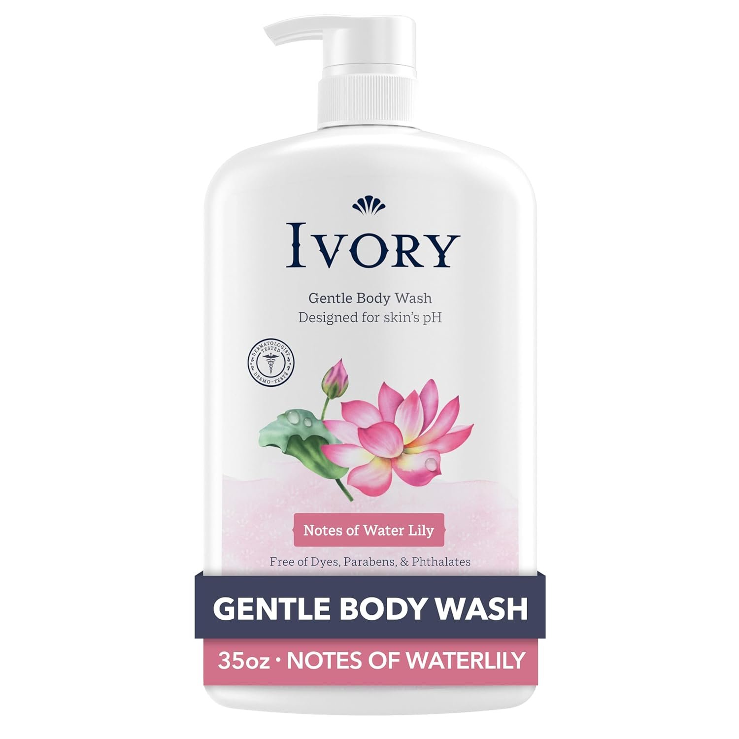 Ivory Body Wash, Designed for the Whole Family, Gentle Formula, Free of Dyes Heavy Perfumes Parabens Phthalates & Silicones, Designed for Skin’s pH, Water Lily Scent, 35 oz