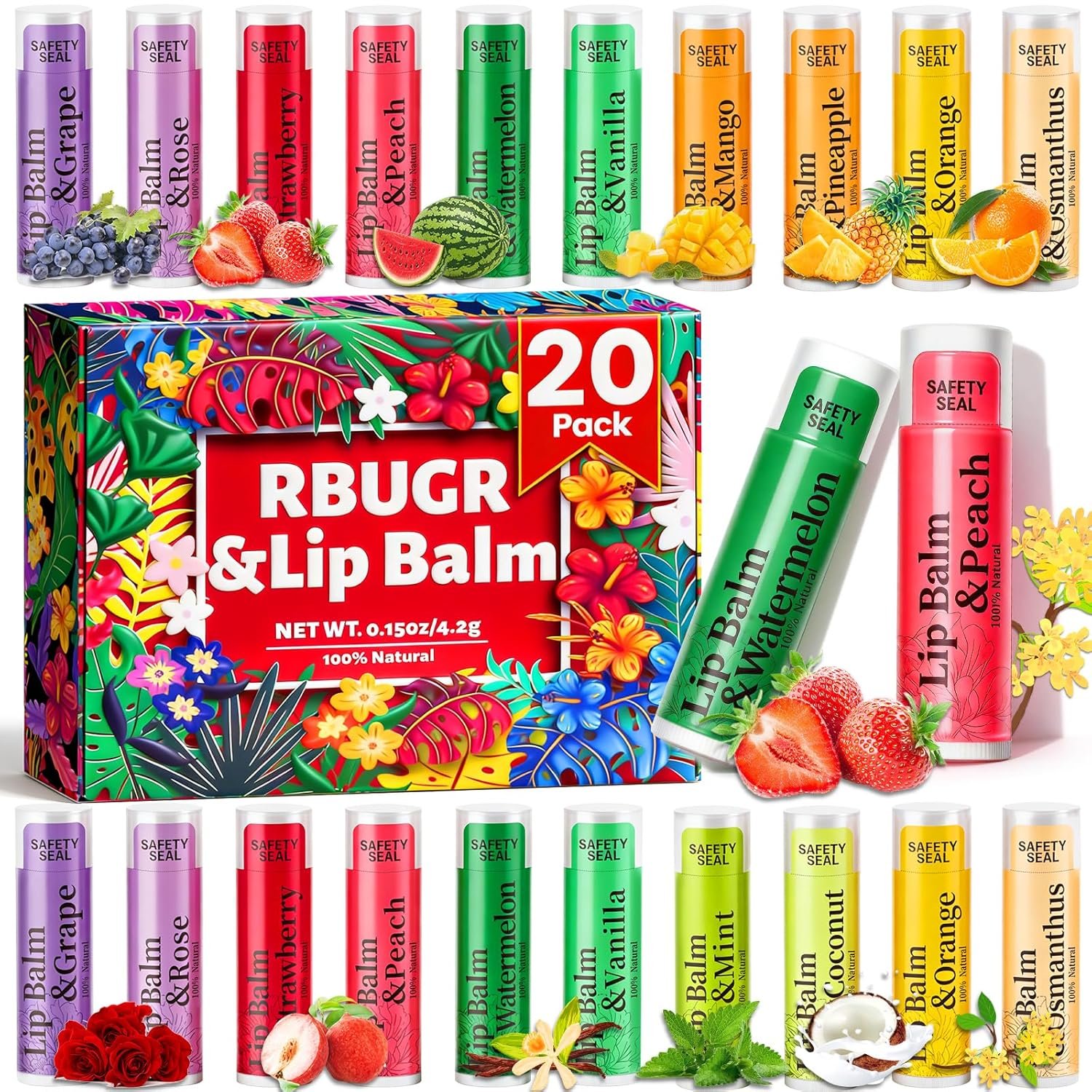 RBUGR 20 Pack Lip Balm Bulk- 12 Flavored Lip Balm Set Natural Moisturizing Hydrating for Dry Cracked Lips, Valentines Gifts for Women & Party Favors Mini Balm Pack (4.2g/0.15oz)