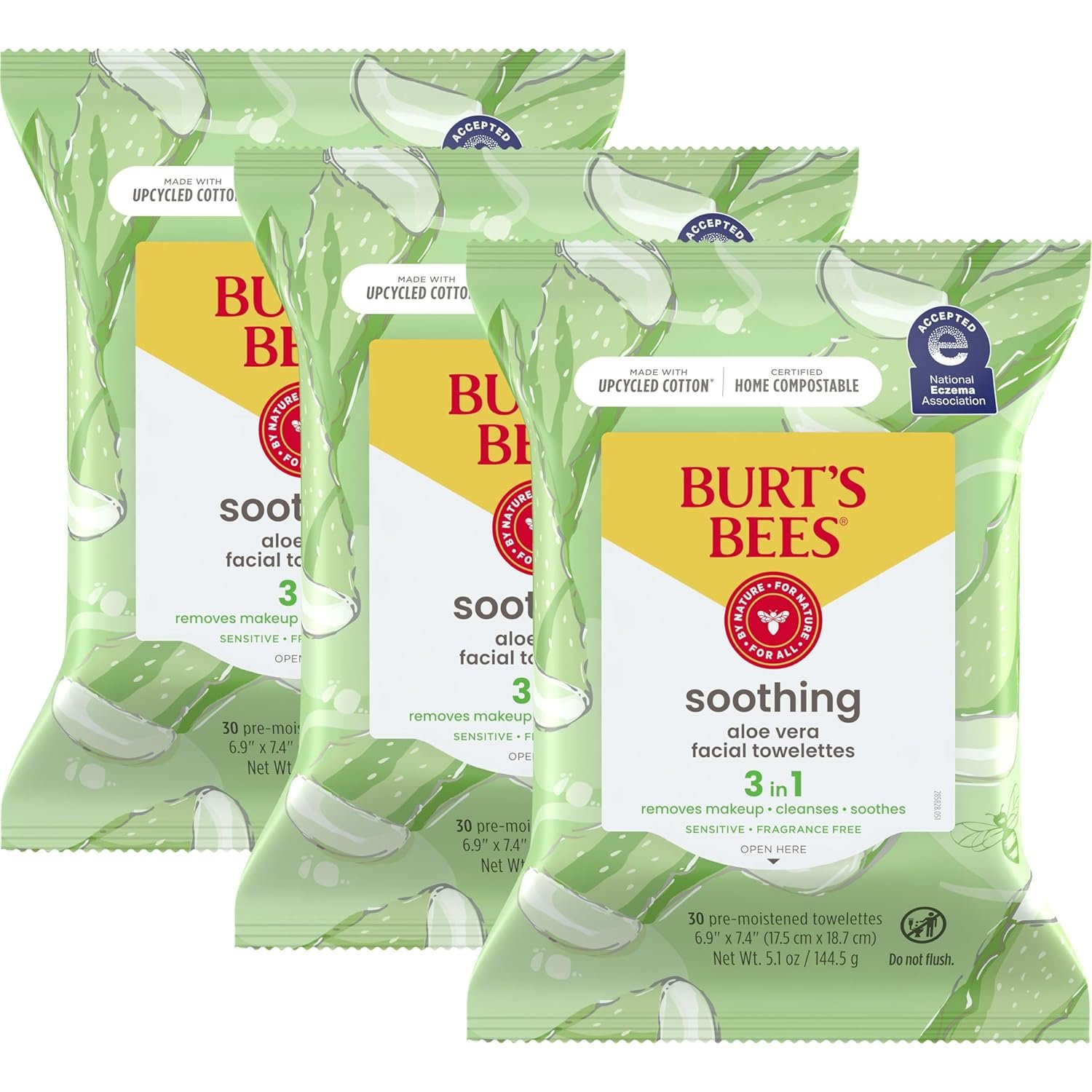 Burt’s Bees Soothing, Fragrance Free Facial Towelettes for Sensitive Skin, Aloe Vera, 100% Plant Based Cloths; 99% Natural Origin; Removes Makeup, Dirt and Oil; No Rinsing; 30 Ct, Pack of 3