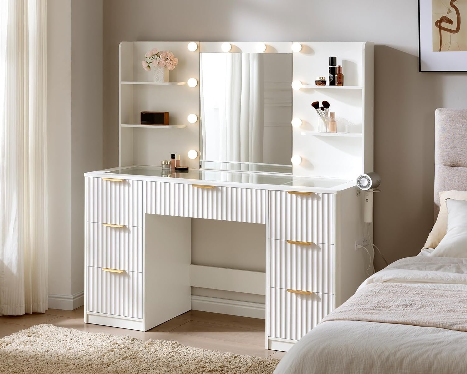 AMERLIFE 47.2″ Fluted Vanity Desk with Mirror and Adjustable LED Lights, Large 7 Drawers Makeup Vanity Table with Glass Top and Charging Staiton for Women and Girls, Bedroom or Dorm, White