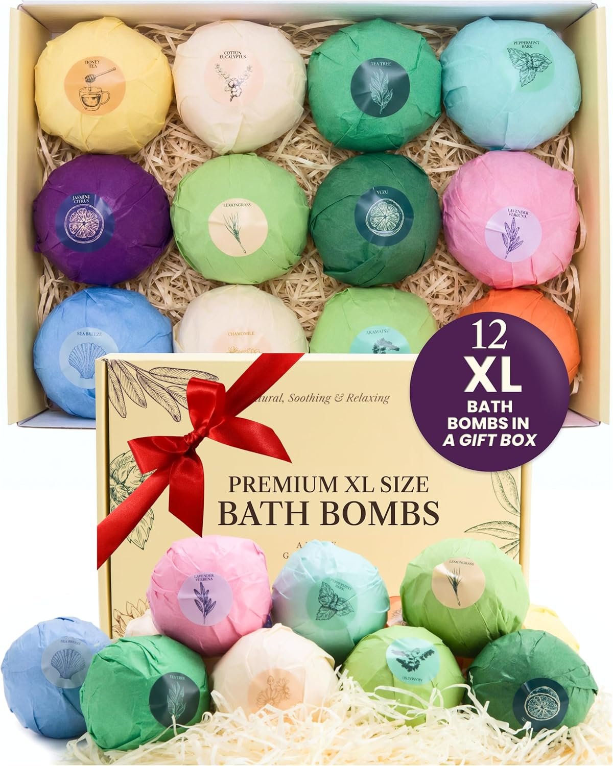 ADELEGOURDAIN Bath Bombs Set XL, Pack of 12 Pcs Gift Set for Women – 5.29oz Bath Bombs for a Soft Skin Feel, Spa Gift Set for Birthday, Girlfriend or Mothers Day, Gift Box Idea for Her, 150 gr Each