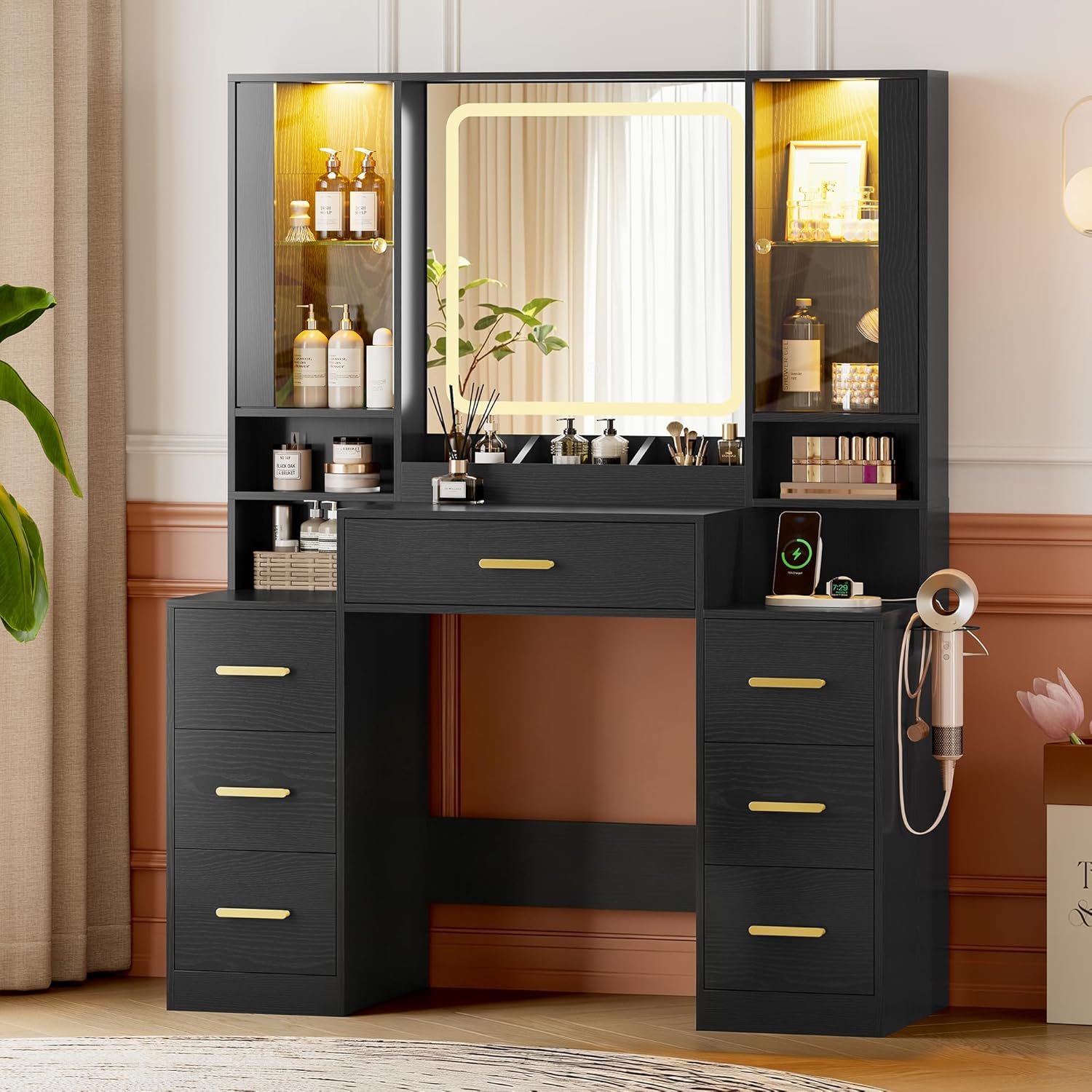 HUANLEGO Makeup Vanity Desk with Mirror and Lights, Black Vanity Mirror with Lights Desk and 7 Drawers & LED Glass Cabinet, Dressing Table Set with Power Outlet for Girls Women, 3 Lighting Modes