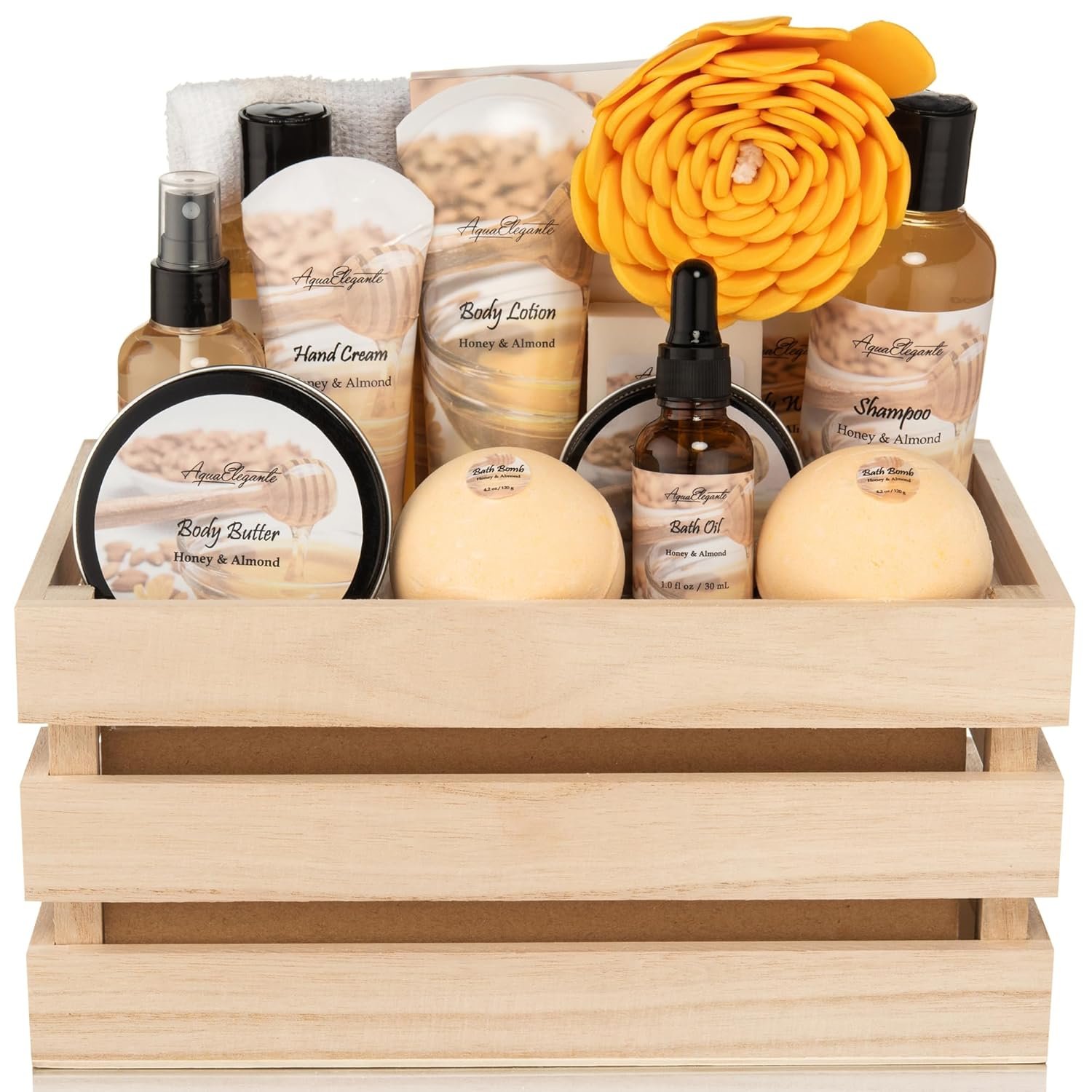 Aqua Elegante Full Spa Gift Set – 15 Piece Premium Bath Basket with Wash, Bubbles, Lotion, Salts, Body Scrub, Towel, Shower Puff, Bathbombs, Reusable Basket, Gifts for Women – Honey & Almond