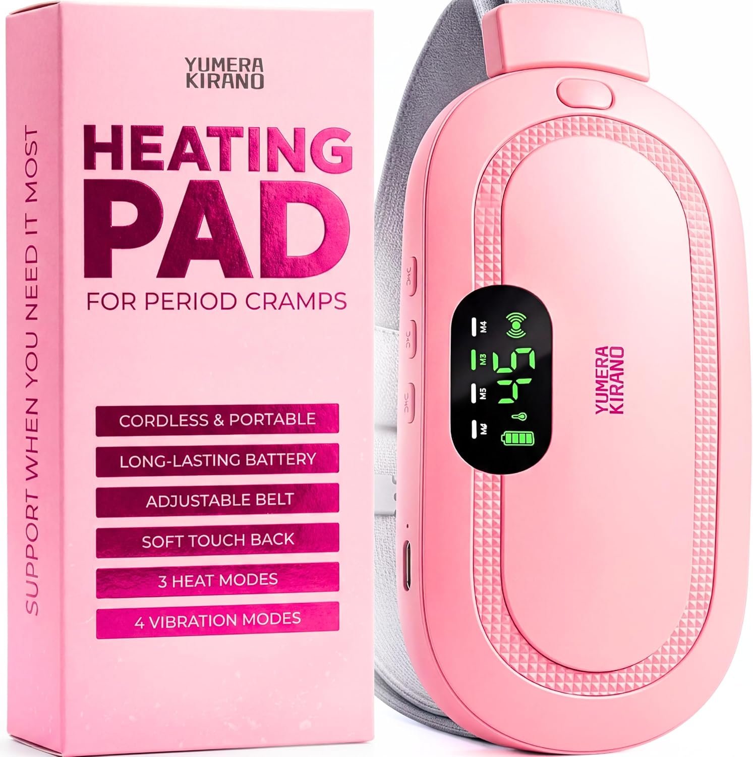 Heating Pad for Period Cramps – FSA-HSA Eligible – Cordless Portable Electric Wearable Heating Belt with Massage – USB Rechargeable Heat Wrap for Menstrual Pain Relief, Back, Abdomen, PMS
