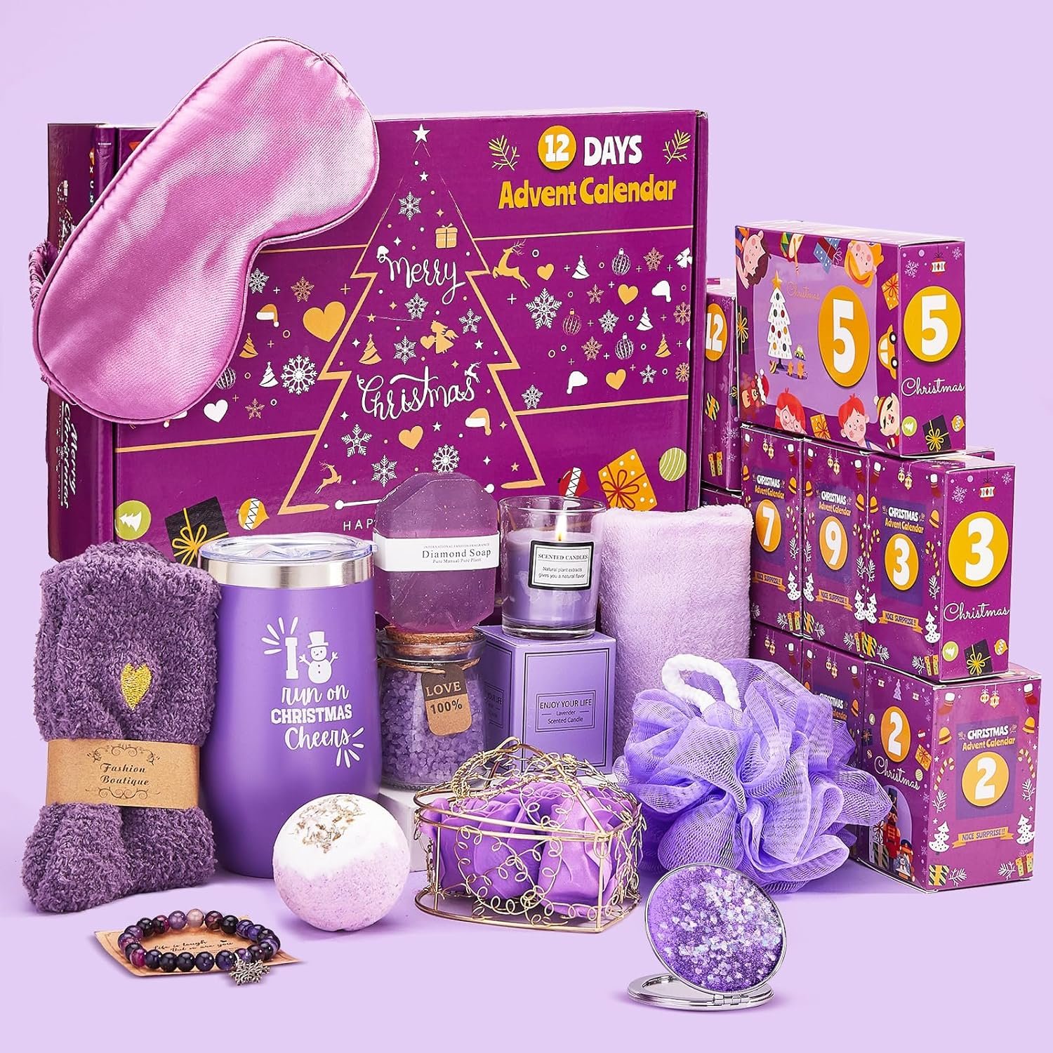 Advent Calendar 2025-12 Days of Christmas Advent Calendar for Women, Mom, Wife, Girlfriend, Sister, Her – Unique Lavender Spa Gifts Basket Set Includes Coffee Mugs, Scented Candle, Bath Salt, Soap