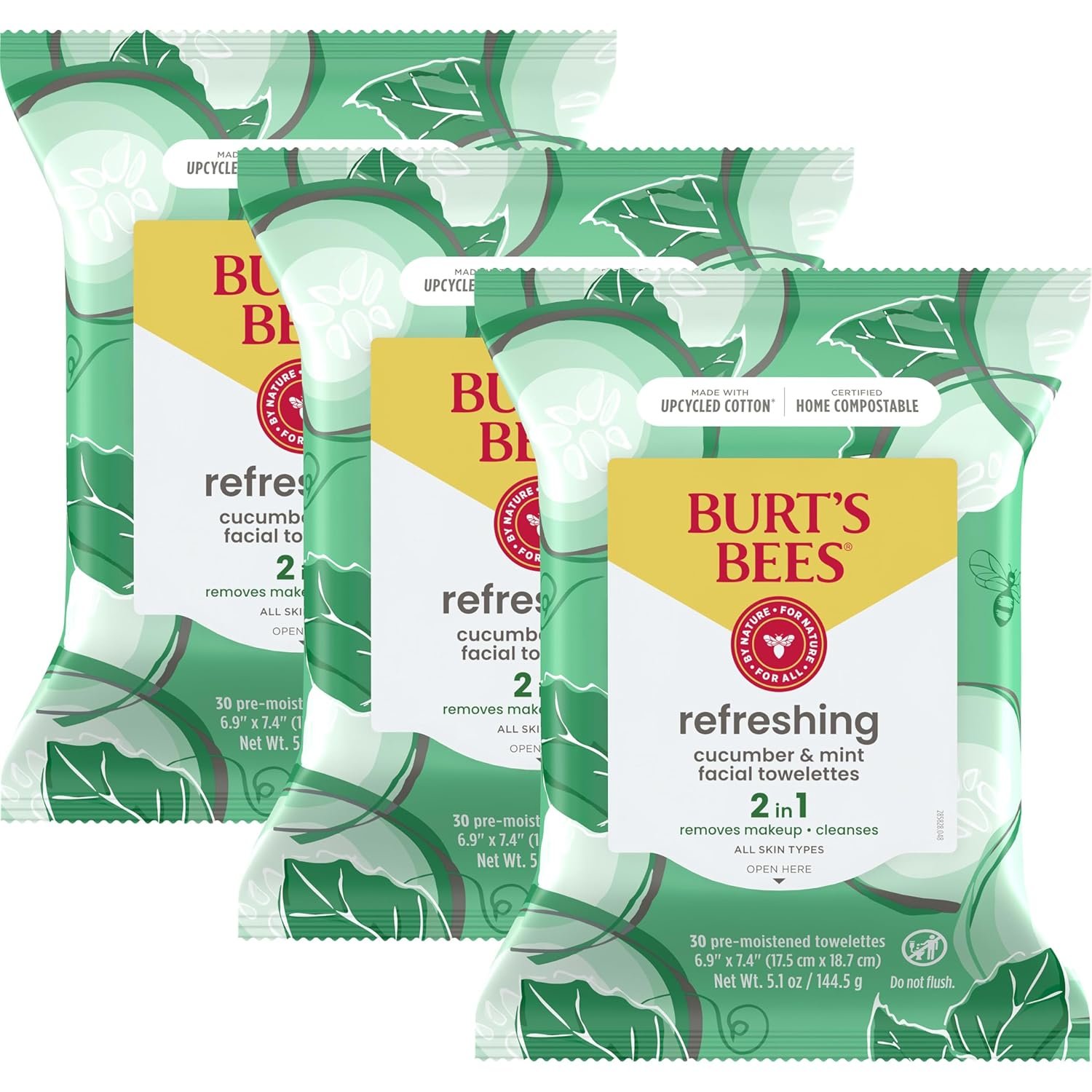 Burt’s Bees Cucumber & Mint Face Wipes, for All Skin Types, Refreshing Makeup Remover & Facial Cleansing Towelettes, 30 Ct. (3-Pack)
