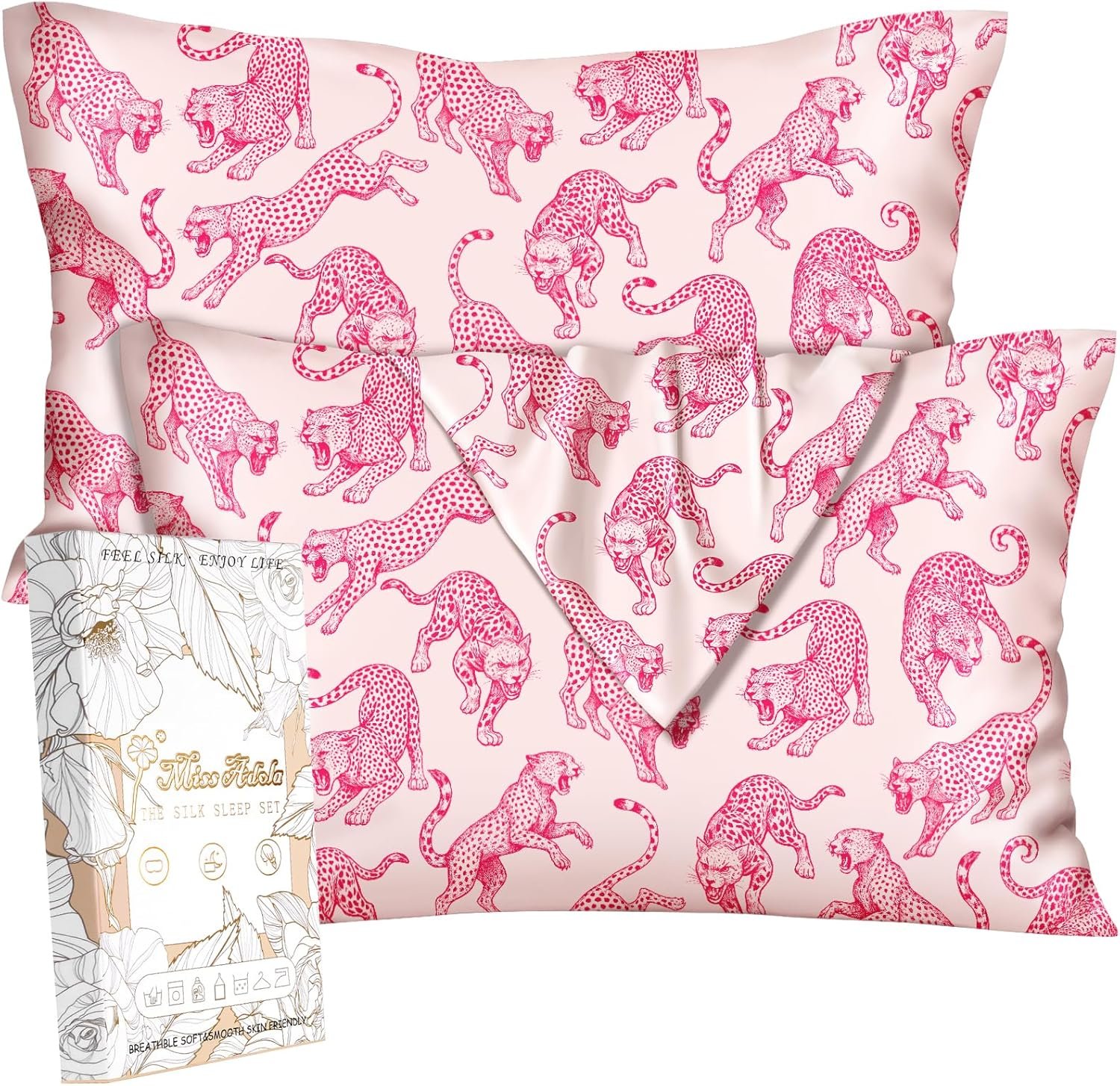 Miss Adola Silk Pillow Cases 2 Pack – Standard Size 20 x 26 Inch Silky Pillowcases for Hair and Skin Soft Cooling Smooth Aesthetic Bed Sleeping Pillow Cover with Zipper for Women, PK Leopard