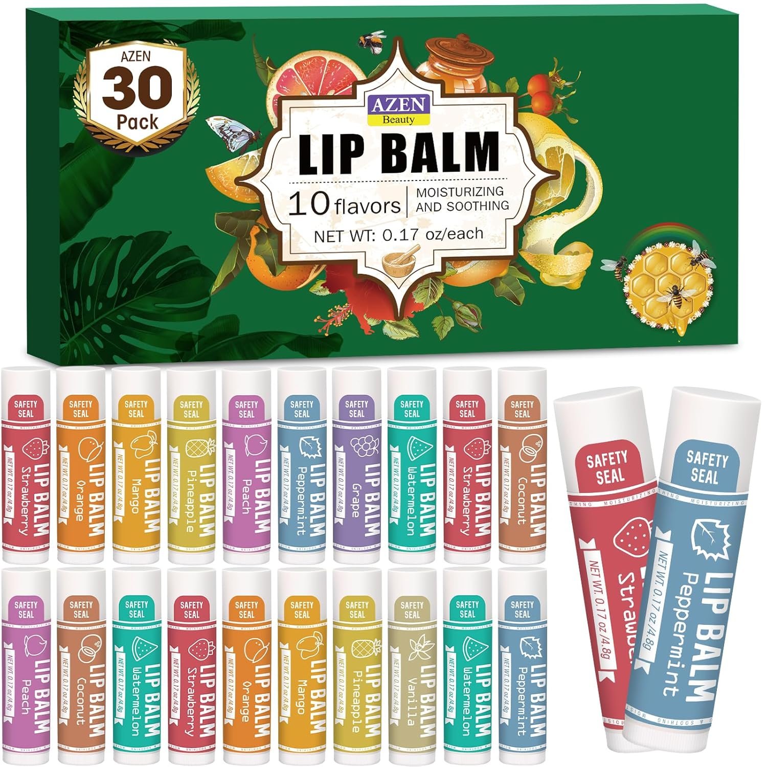 AZEN 30 Pack Lip Balm, Natural Lip Balm Bulk, Lip Care Product, Moisturizing Lip Balms for dry cracked lips, Mothers Day Gifts Easter Basket Stuffers – 10 Flavors