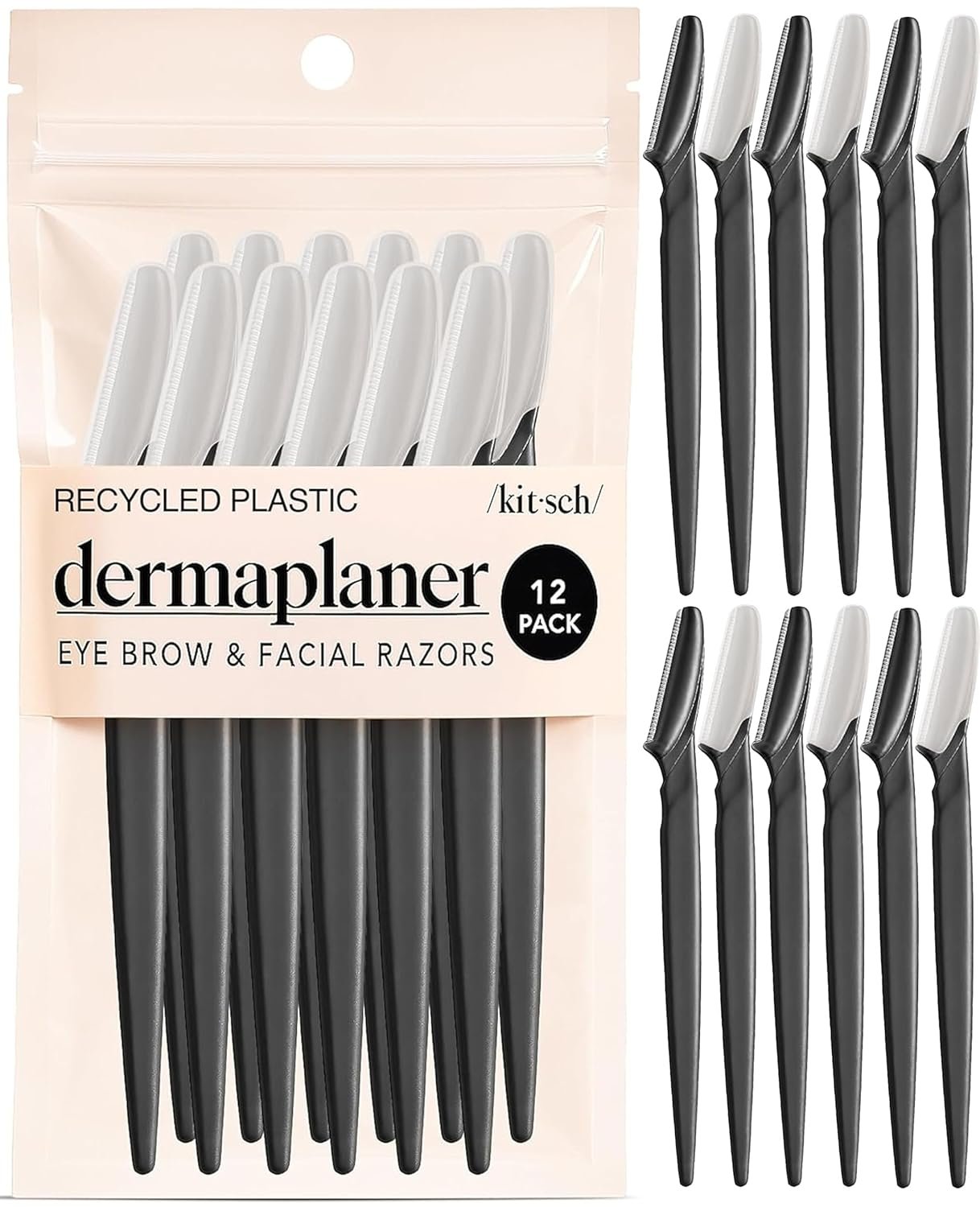 Kitsch Dermaplane Razor for Women Face – Face Razors for Women & Men, Eye Brow Razors & Face Shaver – Exfoliating Facial Razor & Dermaplaner as Skin Care Tool for Smoother Skin – Black, 12 pcs