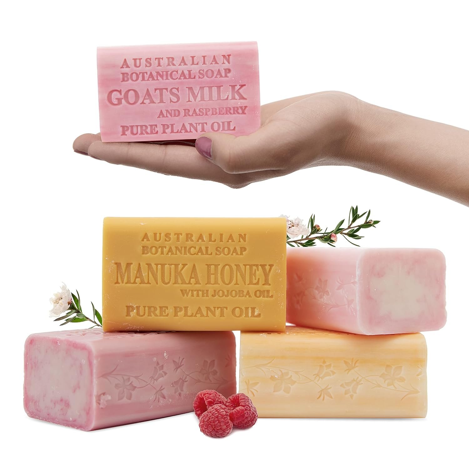 Australian Botanical Soap Sweet & Fruity 4 Bar Variety Pack – Goats Milk Raspberry, Manuka Honey, Pink Lychee & Valencia Orange, Triple Milled 6.6 oz Bars with Shea Butter