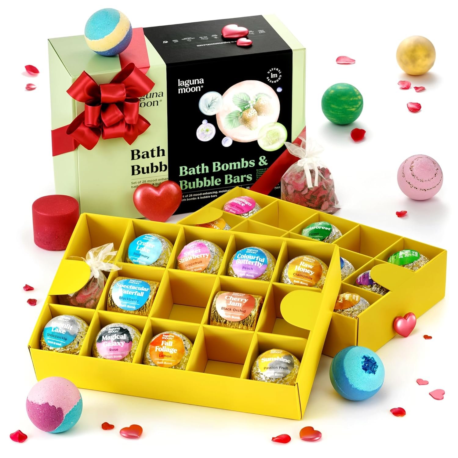 Lagunamoon Bath Bombs – 25 Extra Large Pieces, 3 Bubble Bars, Dried Flowers – Bubble Bath Shower Salts for Women, Men, Kids – Relaxing Bathbombs Gift Set Bath Essentials Shower Steamers